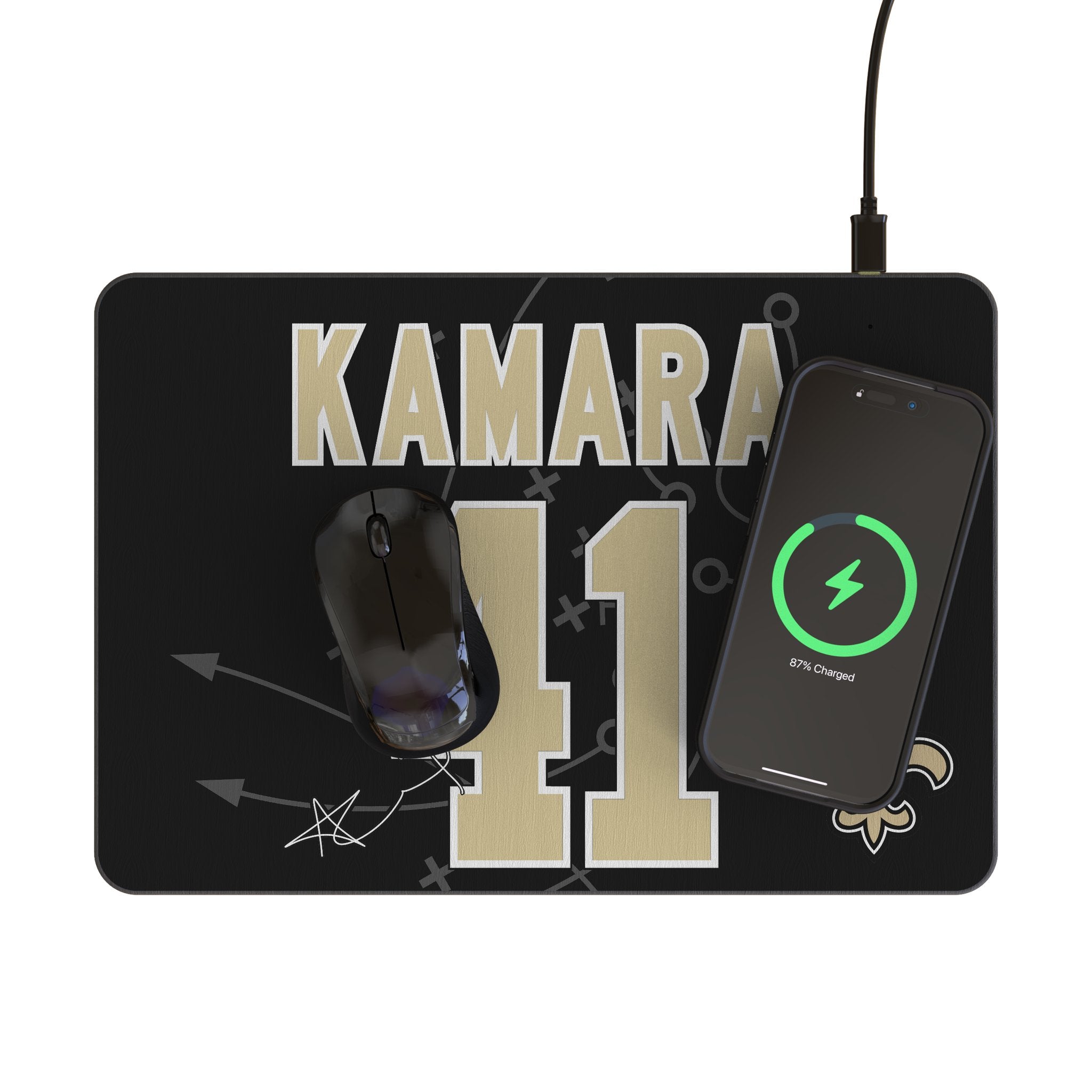 Alvin Kamara New Orleans Saints 41 Game Tactical Wireless Charging Mouse Pad - 15W Fast Charger for iPhone & Android - Perfect for Gaming, Office & Home Desk Setup
