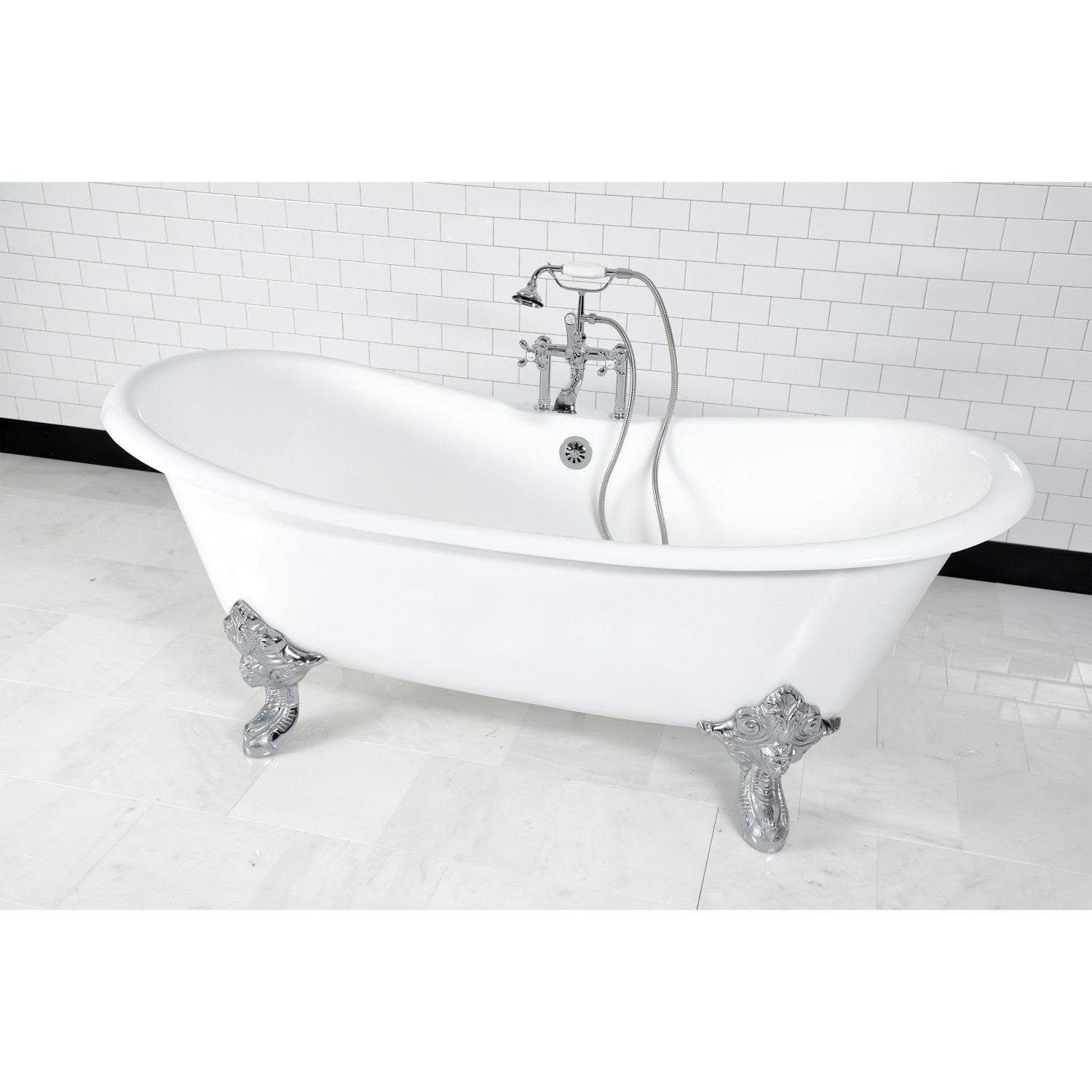 72 Inch White Cast Iron Clawfoot Bathtub with Polished Chrome Faucet - Oval Double Slipper Design for Vintage Bathroom & Luxury Spa Retreats