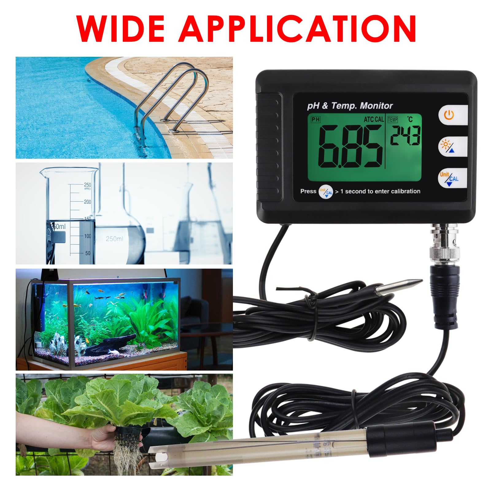 2 in 1 Digital pH and Temperature Meter with Dual Display - Water Quality Tester with ATC & Auto Calibration for Hydroponics, Aquarium, Pool - Perfect for Home, Lab, and Outdoor Water Testing