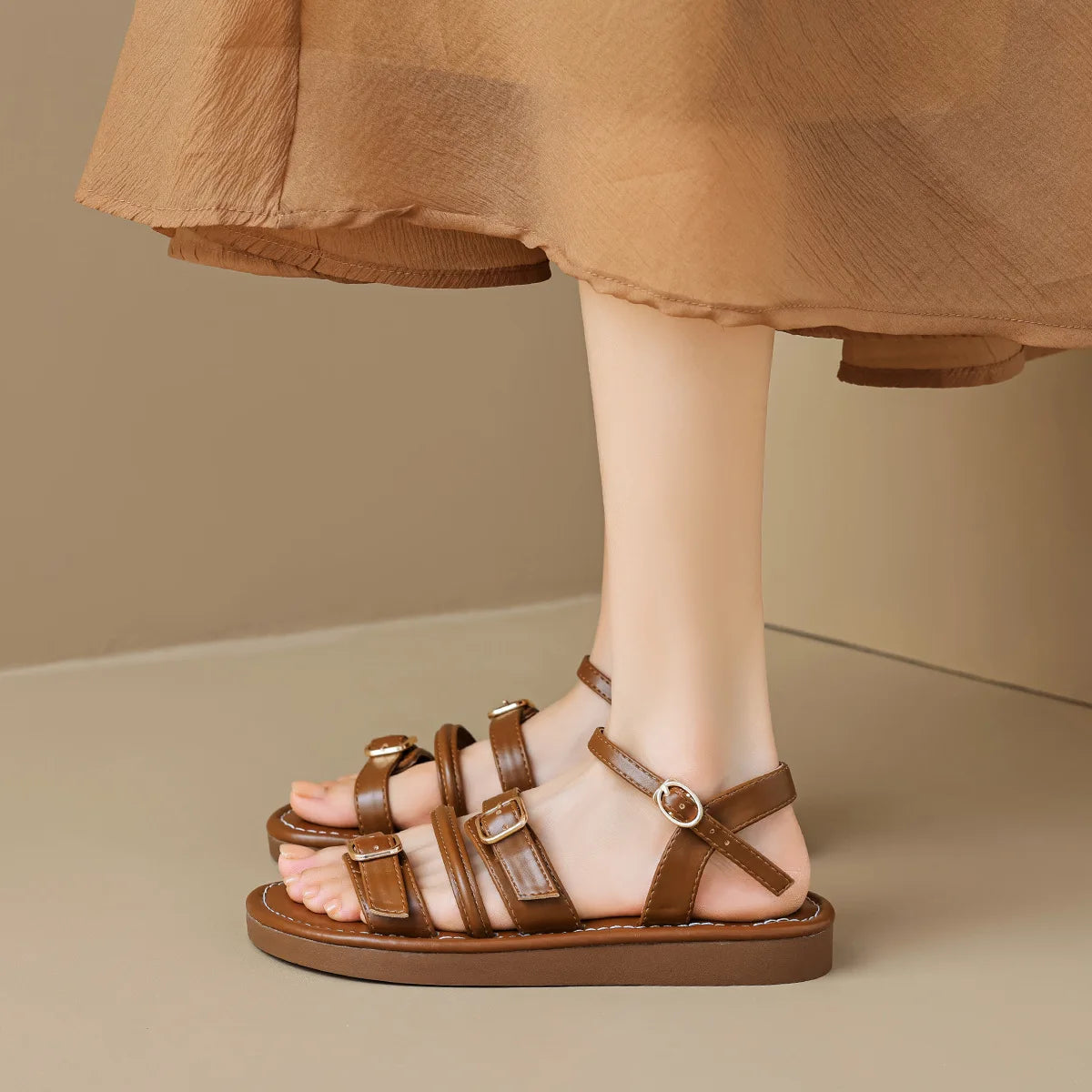 2024 New Summer Women's Outdoor Sandals - Roman Style Fashion Leather Work Shoes - Ladies Casual Flat Shoes Size 41-43 - Perfect for Beach, Vacation & Daily Wear