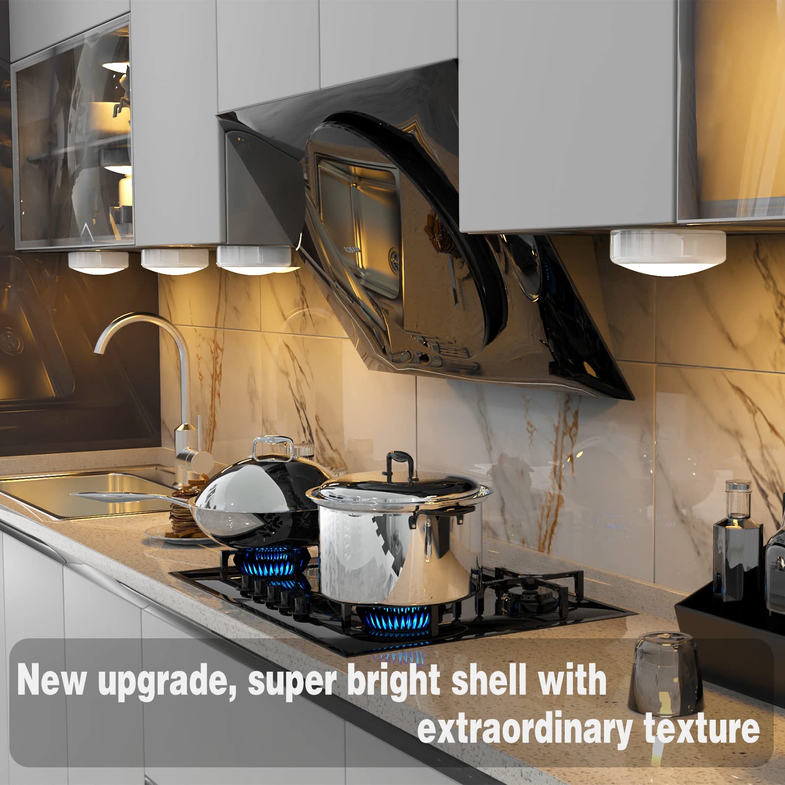 6 Pack ILYXY Puck Lights with Remote - Dimmable LED Under Cabinet Lighting, Battery Operated Push Lights for Kitchen Counter, Multicolor Changing Stick-On Tap Lights (Shiny White) - Perfect for Kitchen, Closet, Bookshelf & Display Cabinet Lighting