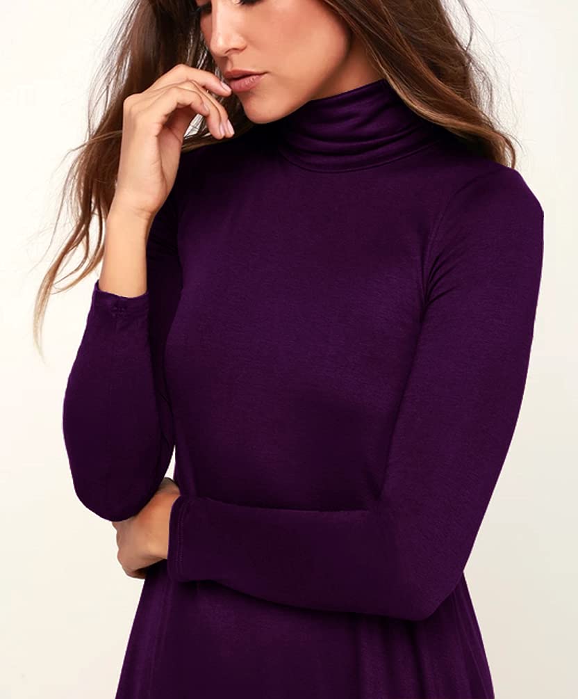 Women's Long Sleeve Turtleneck Casual Loose T-Shirt Dress - Comfortable Stretchy Knit Top for Everyday Wear, Work Office & Fall Winter Outfits
