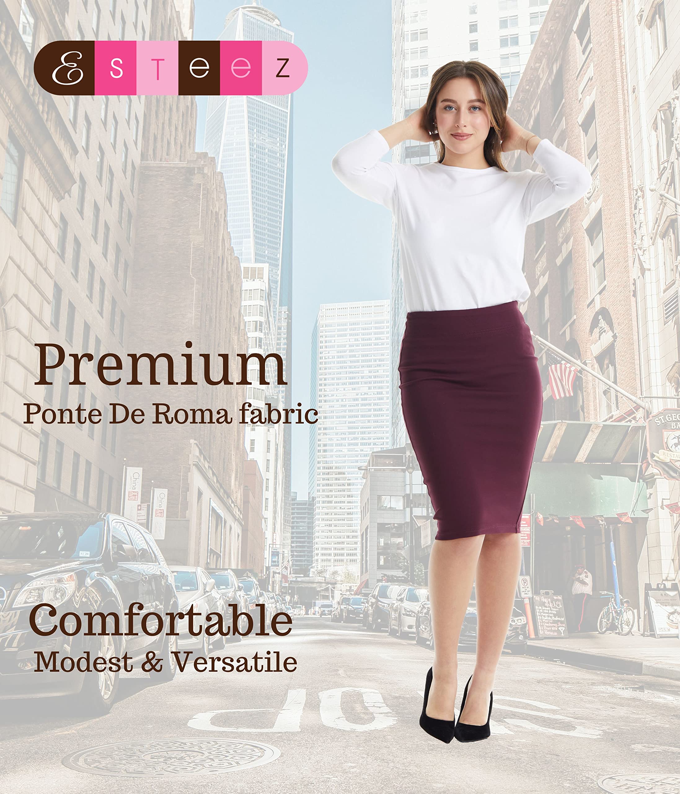 ESTEEZ Women's Pull-On Stretch Ponte Office Pencil Skirt 'Houston' - Comfortable Workwear for Business Women | Perfect for Office, Meetings & Professional Events