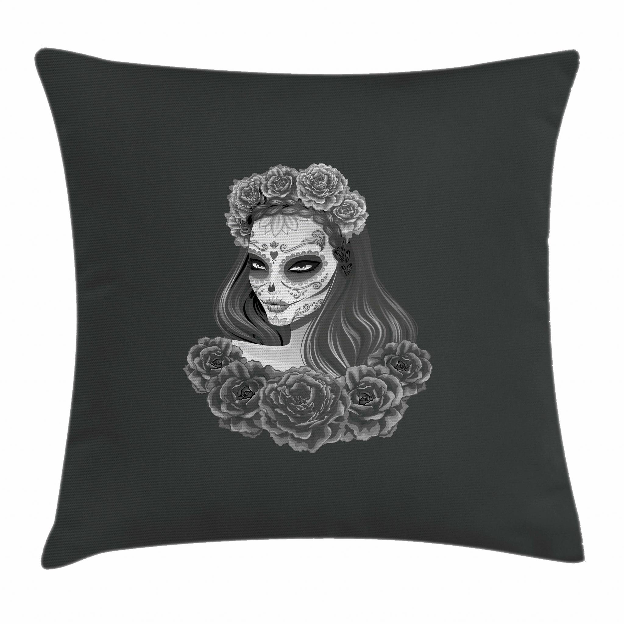 Ambesonne Day of The Dead Throw Pillow Cover 18x18 Inches - Gothic Sugar Skull Girl with Roses, Decorative Square Cushion Case for Halloween, Dia de Los Muertos, Gothic Home Decor - Charcoal Grey & Pale Grey