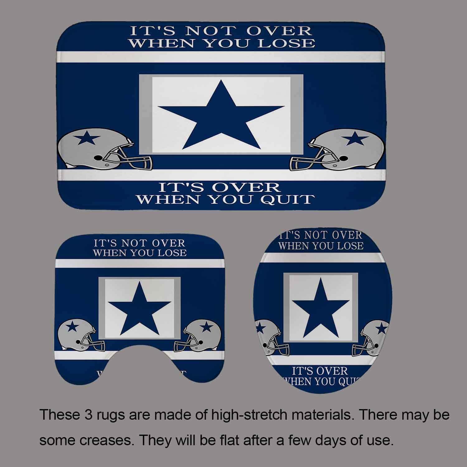 4PCS/Set Inspirational Quotes Shower Curtain with Non-Slip Bath Rugs - White Navy Blue Striped Texas Star Grey Helmet American Football Player Design for Modern Sports Bathroom Decor | Perfect for Football Fans & Athlete Themed Bathrooms