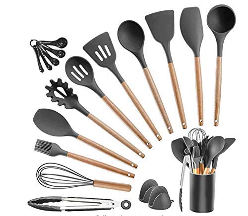 Premium Silicone Kitchen Utensil Set with Wooden Handles - 12-Piece Heat-Resistant Cooking Tools Including Spatula, Turner, Tongs & Whisk - Non-Slip Holder Included - Perfect for Baking, Frying & Everyday Cooking (Black)