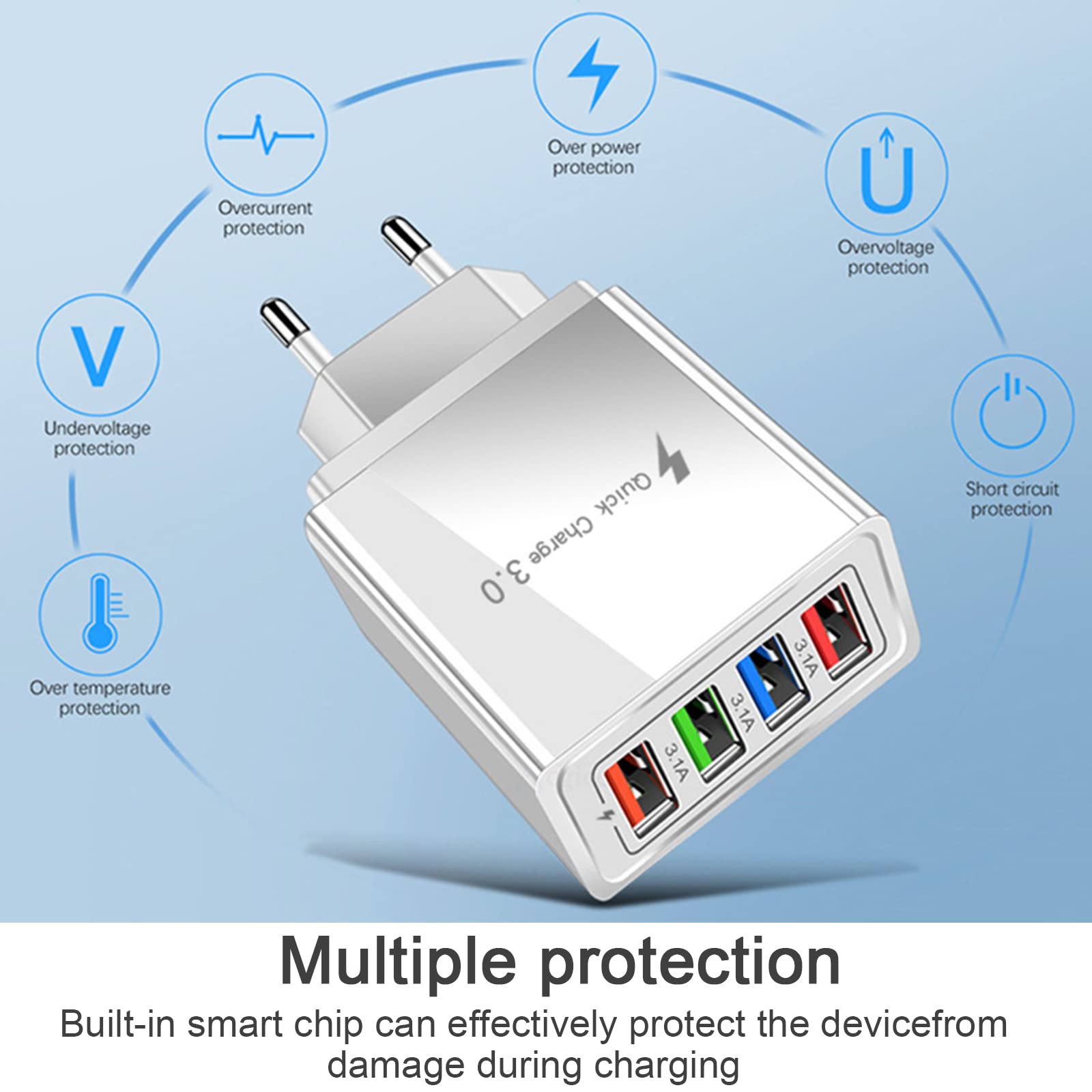 4-Port USB Wall Charger with Smart IC Fast Charging - 3.1A Multi USB Plug Adapter for iPhone 14/13/12/11, Samsung S22/S21, Huawei - Perfect for Home, Office & Travel Charging Needs