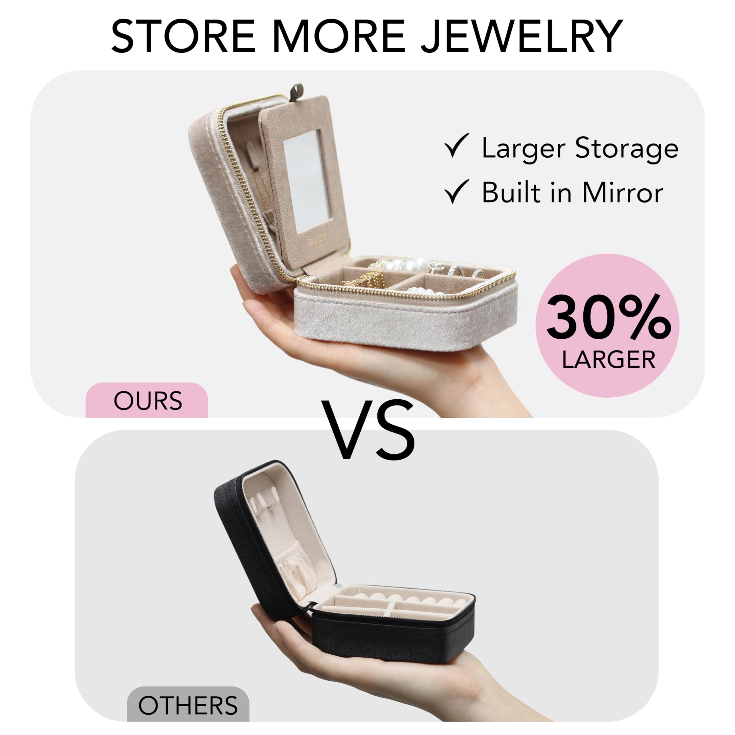 BLUETTE Velvet Travel Jewelry Organizer Box with Mirror - Portable Ring Earrings Necklace Storage Case for Women (Champagne) | Perfect for Vacation, Business Trips & Daily Use