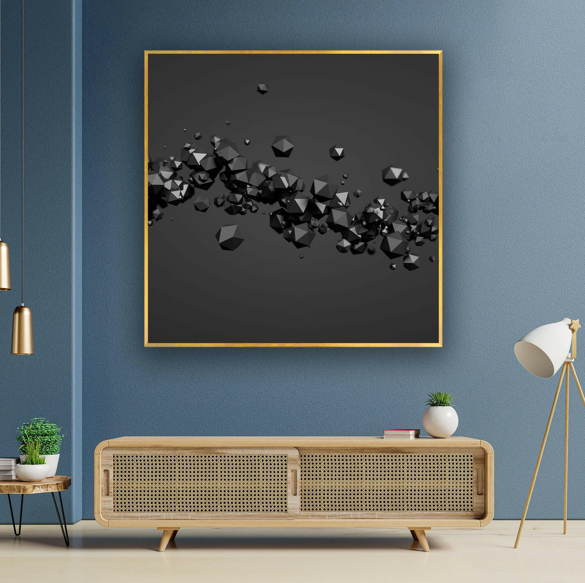 3D Abstract Diamond Glass Wall Art - Black Modern Home Decor for Living Room, Bedroom & Office