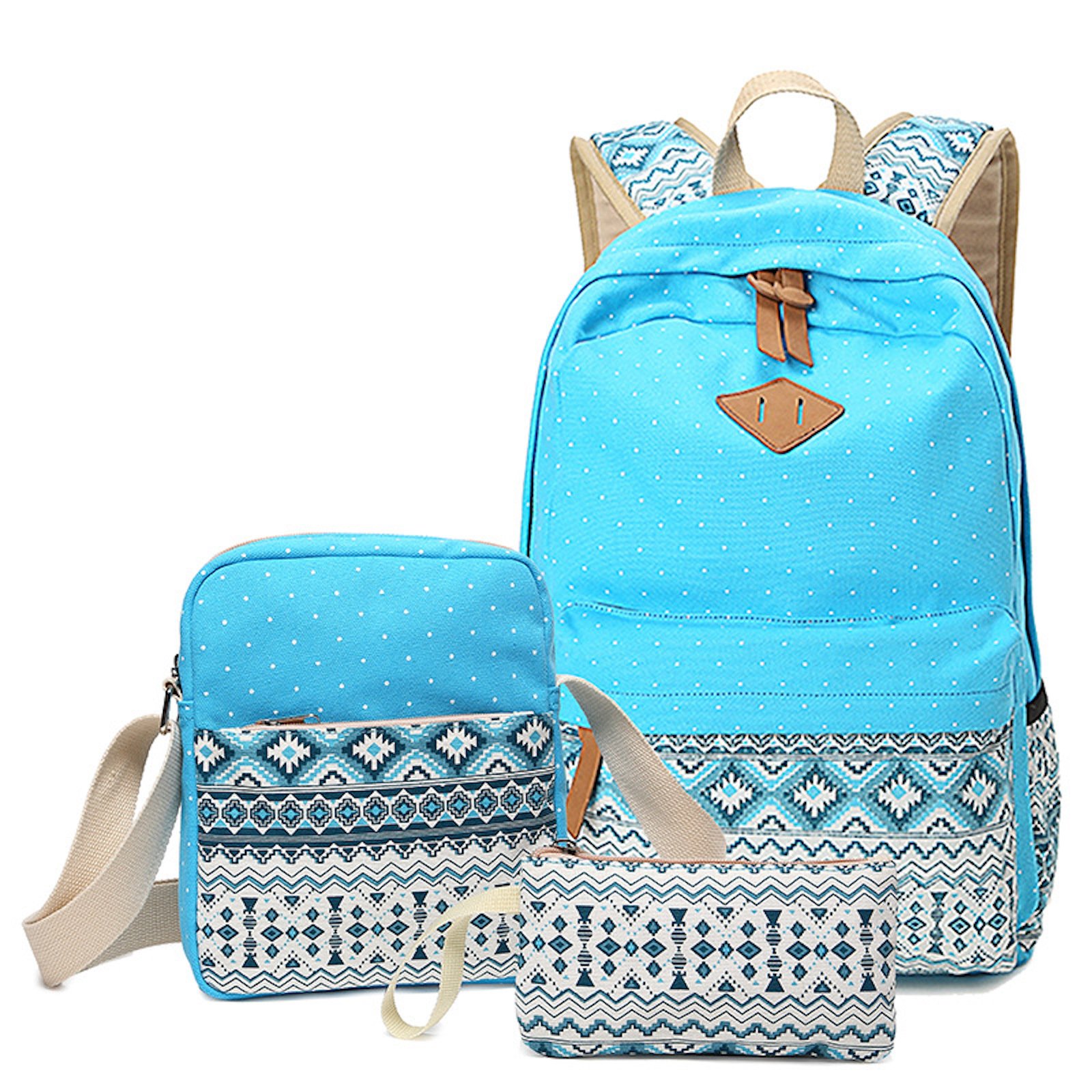 **WSLCN 3-Piece Canvas Backpack Set for Girls - School Bags, Travel Daypack & Shoulder Messenger Bag with Zipper, Aztec Print (Blue) - Perfect for School, Travel & Daily Use**