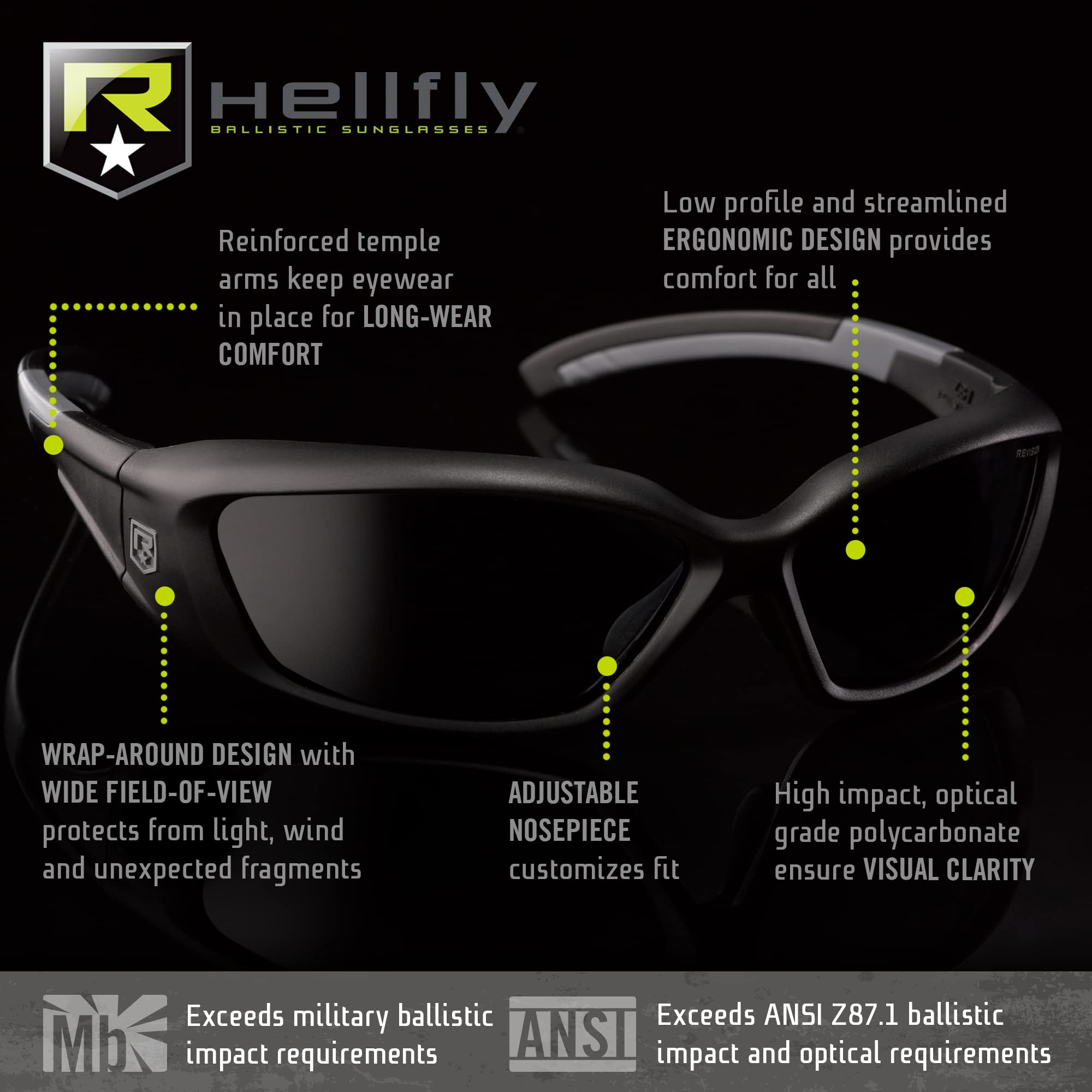 Revision Military Hellfly Ballistic Sunglasses - Tactical Safety Glasses for Shooting, Outdoor & Sports - UV Protection, Impact Resistant, ANSI Z87.1 Certified for Work & Adventure