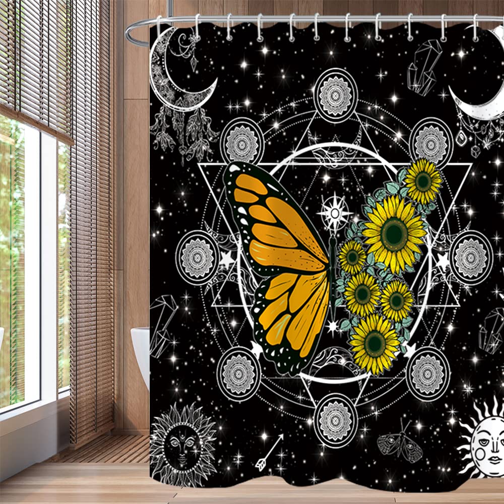 Sunflower and Butterfly Shower Curtain Set - Waterproof Polyester Bathroom Decor with Moon Phase Design (72x72 Inch) - Includes 12 Hooks for RV, Home, or Apartment Use - Perfect for Boho, Nature-Inspired Bathroom Themes