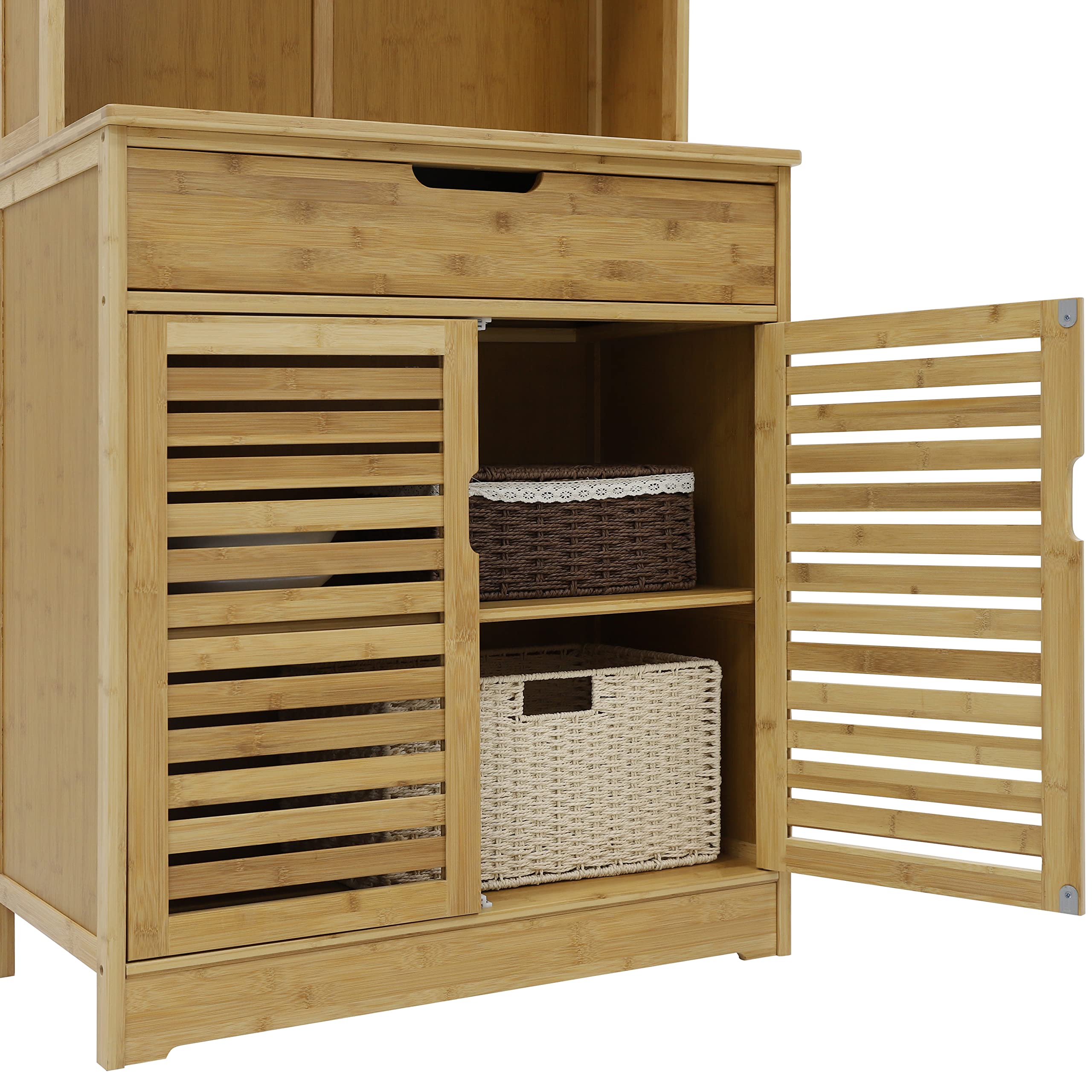 MUPATER 72 Inch Bamboo Kitchen Pantry Cabinet with Microwave Stand - Freestanding Storage Hutch with Shelves, Cupboard & Drawer for Home Organization - Perfect for Small Kitchens, Apartments & Dining Room Storage