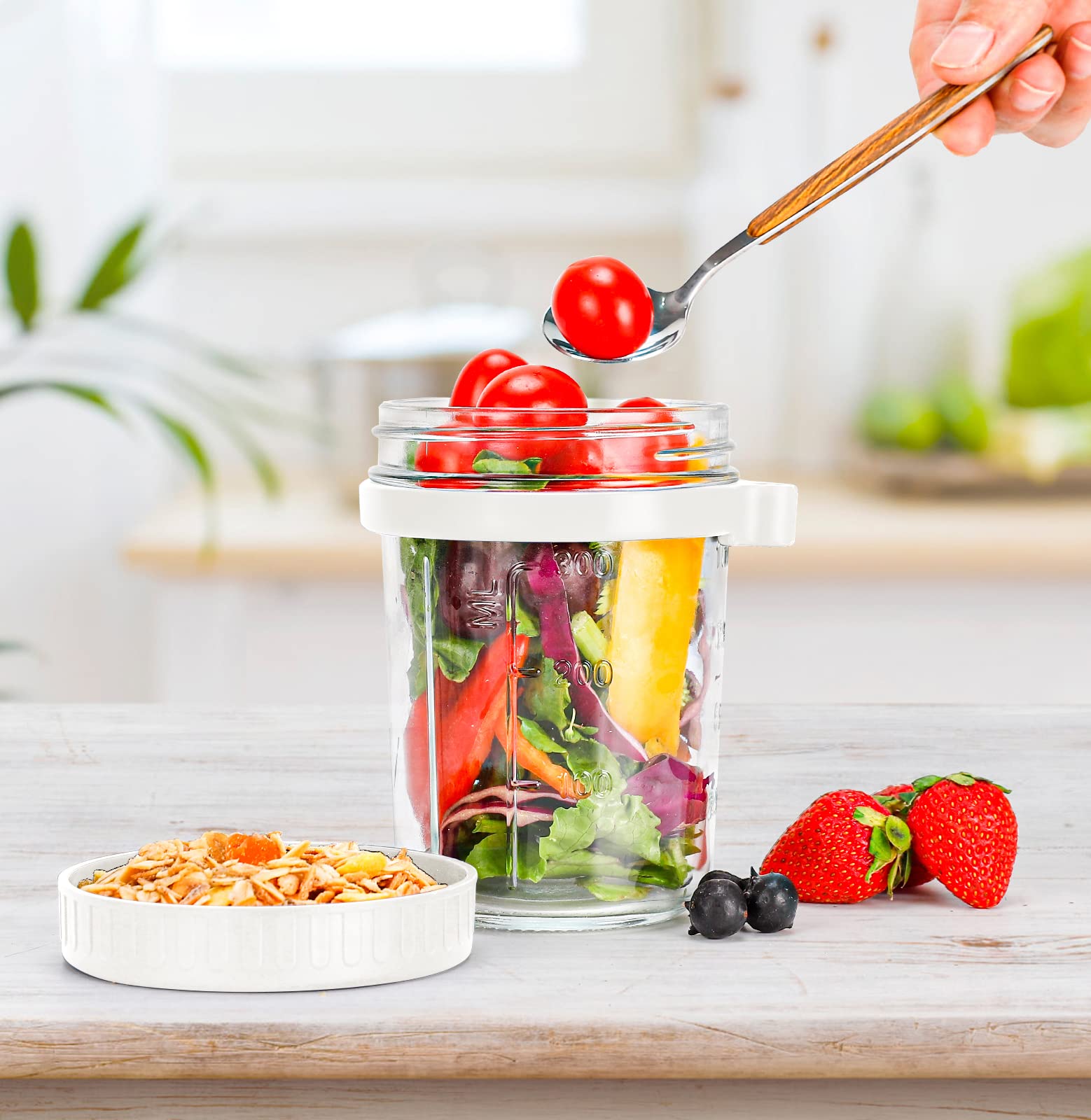16 oz Overnight Oats Jars with Lid & Spoon - BPA-Free Meal Prep Containers for Cereal, Yogurt, Fruit Salad - Measuring Marks for Perfect Portions (White/Grey) | Ideal for Breakfast Meal Prep, Office Lunches & Healthy Snacks On-The-Go