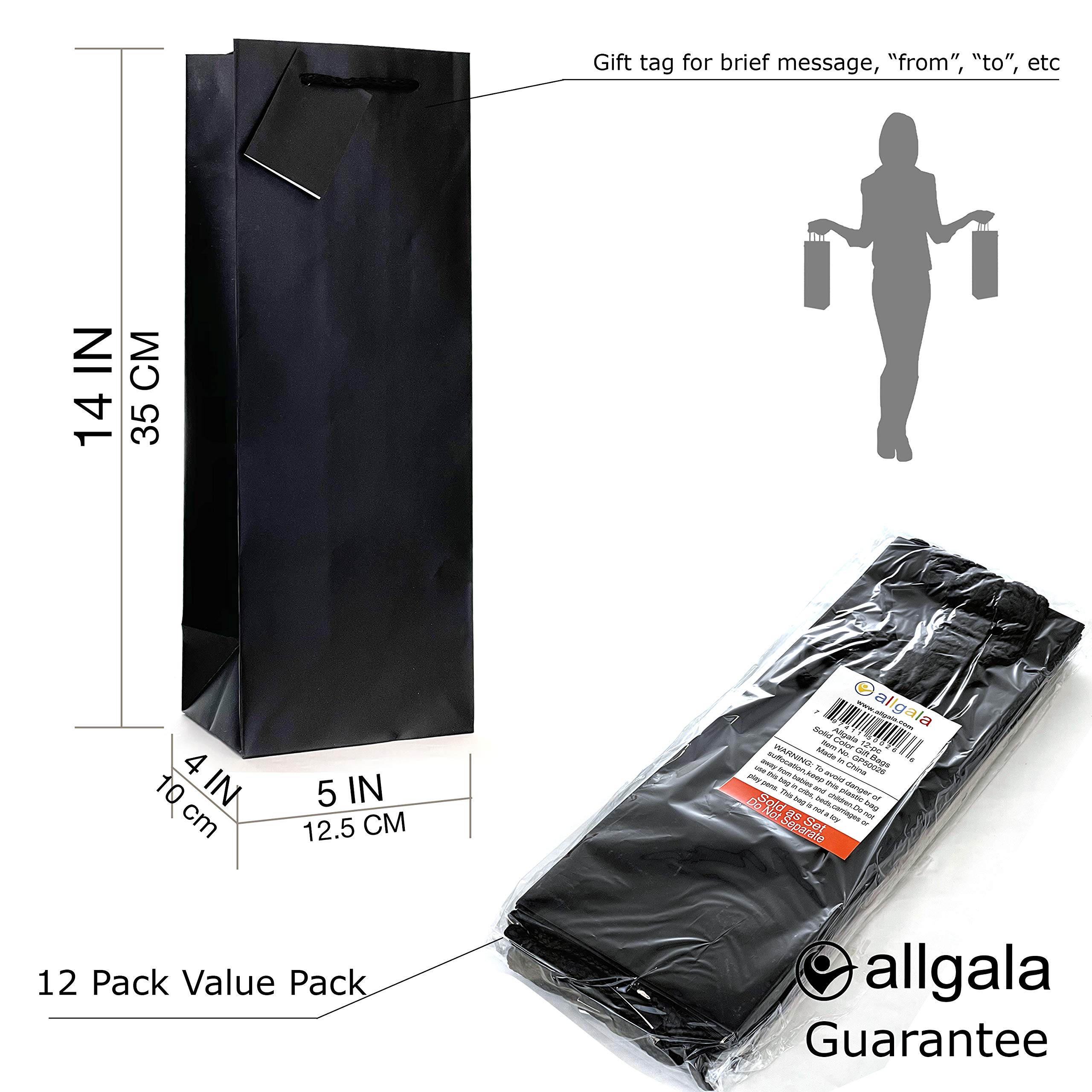 Allgala 12 Pack Black Wine Bottle Gift Bags with Handles - 14x5x4 Inch Elegant Party Favor Bags for Birthday, Wedding, Baby Shower, Christmas & Holiday Celebrations - Perfect for Gifting Wine, Champagne or Special Presents