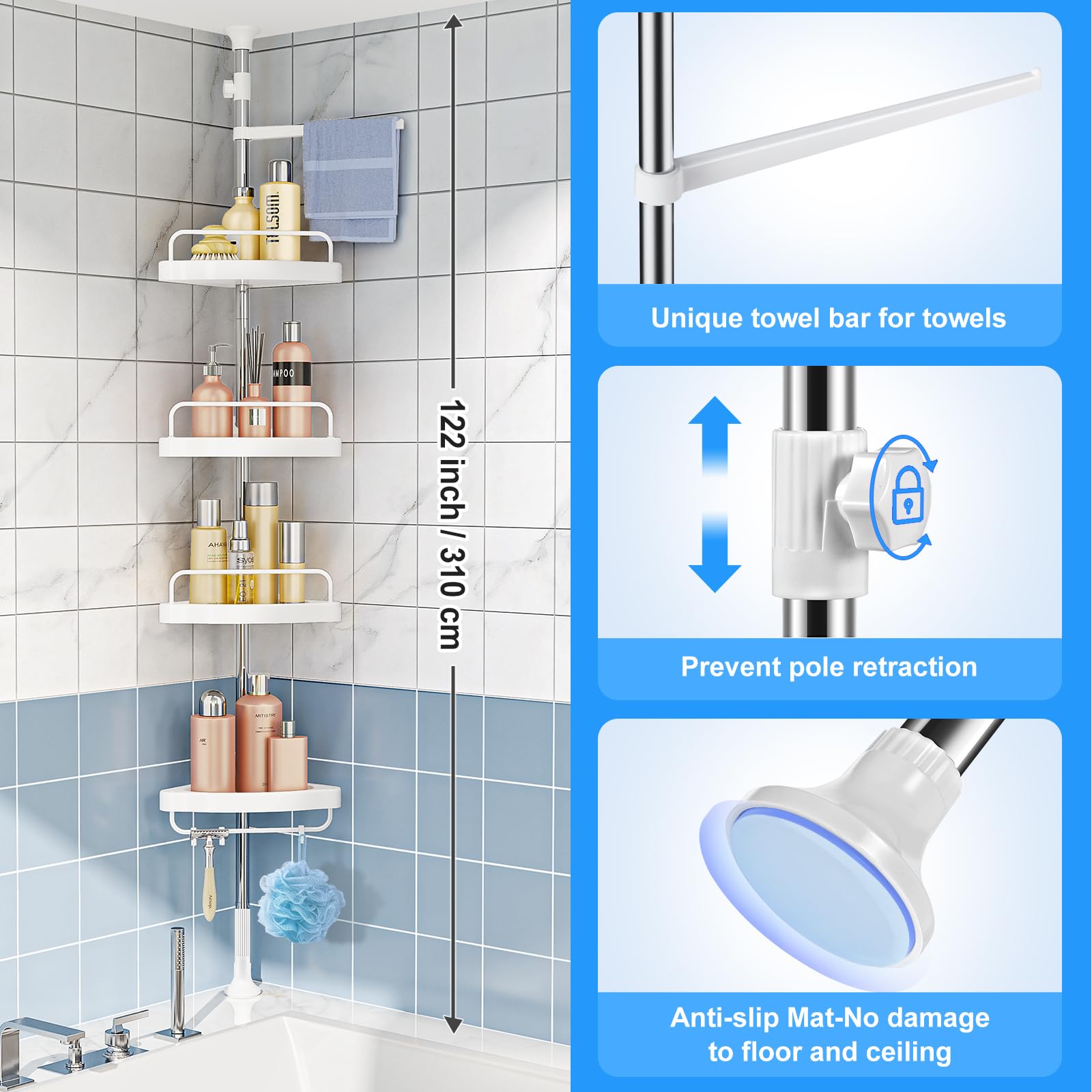 Adjustable Stainless Steel Corner Shower Tension Pole - 4 Tier Bathroom Shelf Organizer for Shampoo, Soap & Towels | Space Saving Shower Storage Solution for Small Bathrooms