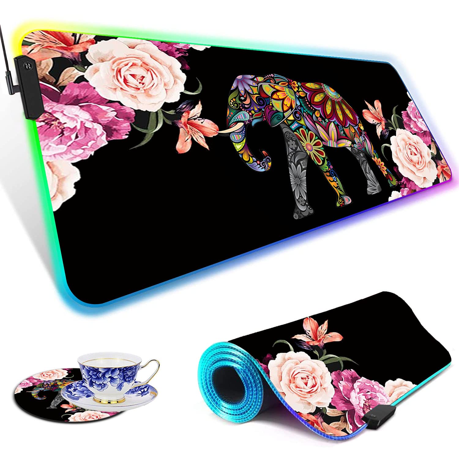 RGB Gaming Mouse Pad - Large LED Light-Up Desk Mat with Non-Slip Waterproof Surface, Colorful Elephant Peony Flower Design - Perfect for PC Gaming, Office Work & Home Computer Setup
