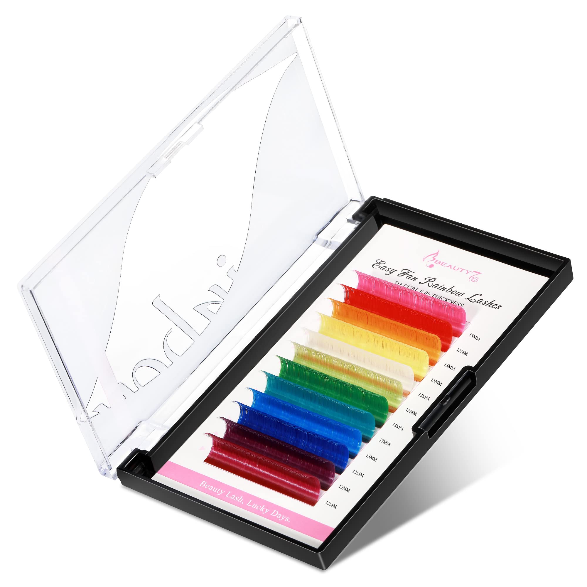 Beauty7 Rainbow Colored Lash Extensions - 12 Vibrant Shades, Self-Fanning Ombre Lashes, D+ Curl, 0.05mm Ultra-Thin, 13mm Dramatic Length | Perfect for Parties, Halloween, Cosplay & Bold Makeup Looks