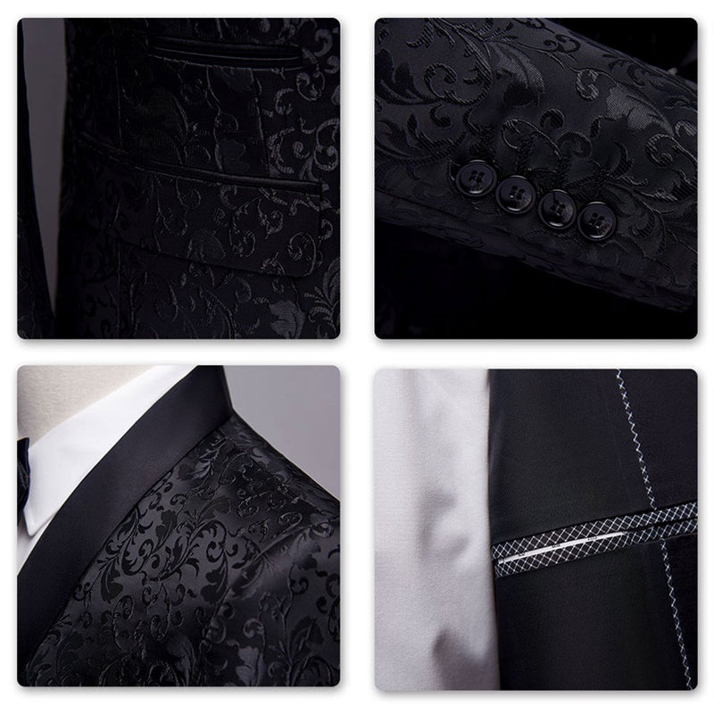 2 Piece Slim Fit Paisley Print Suit for Men - Formal Black Wedding Suit with Matching Pants - Perfect for Business, Office, and Special Occasions