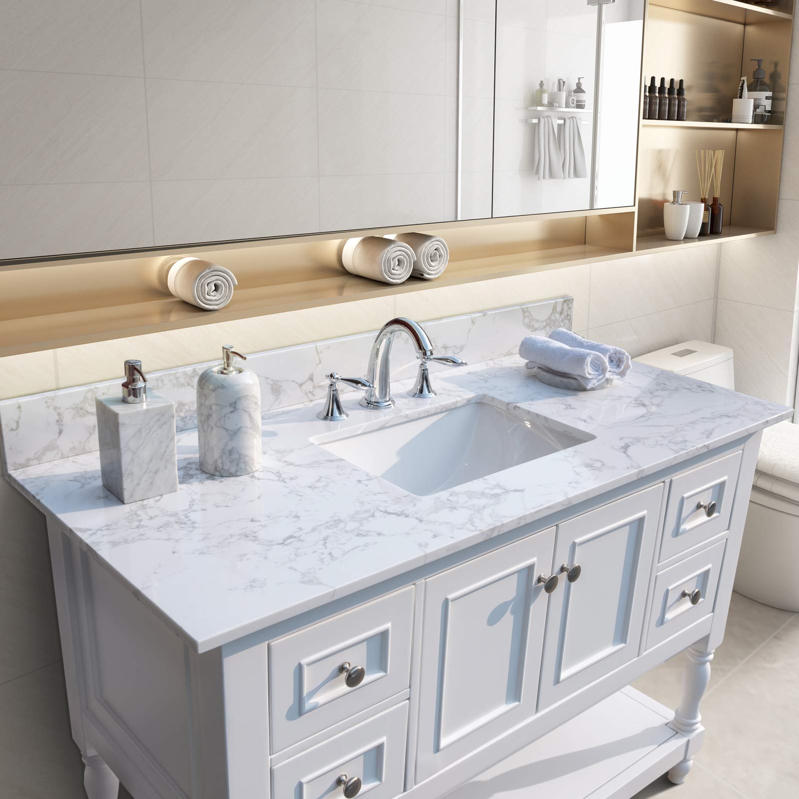BeautyOL Wall Mounted Bathroom Cabinet with Stone Vanity Top - 43x22 Inch Modern Bathroom Storage Organizer for Makeup, Towels & Toiletries | Perfect for Small Bathrooms, Powder Rooms & Apartment Living
