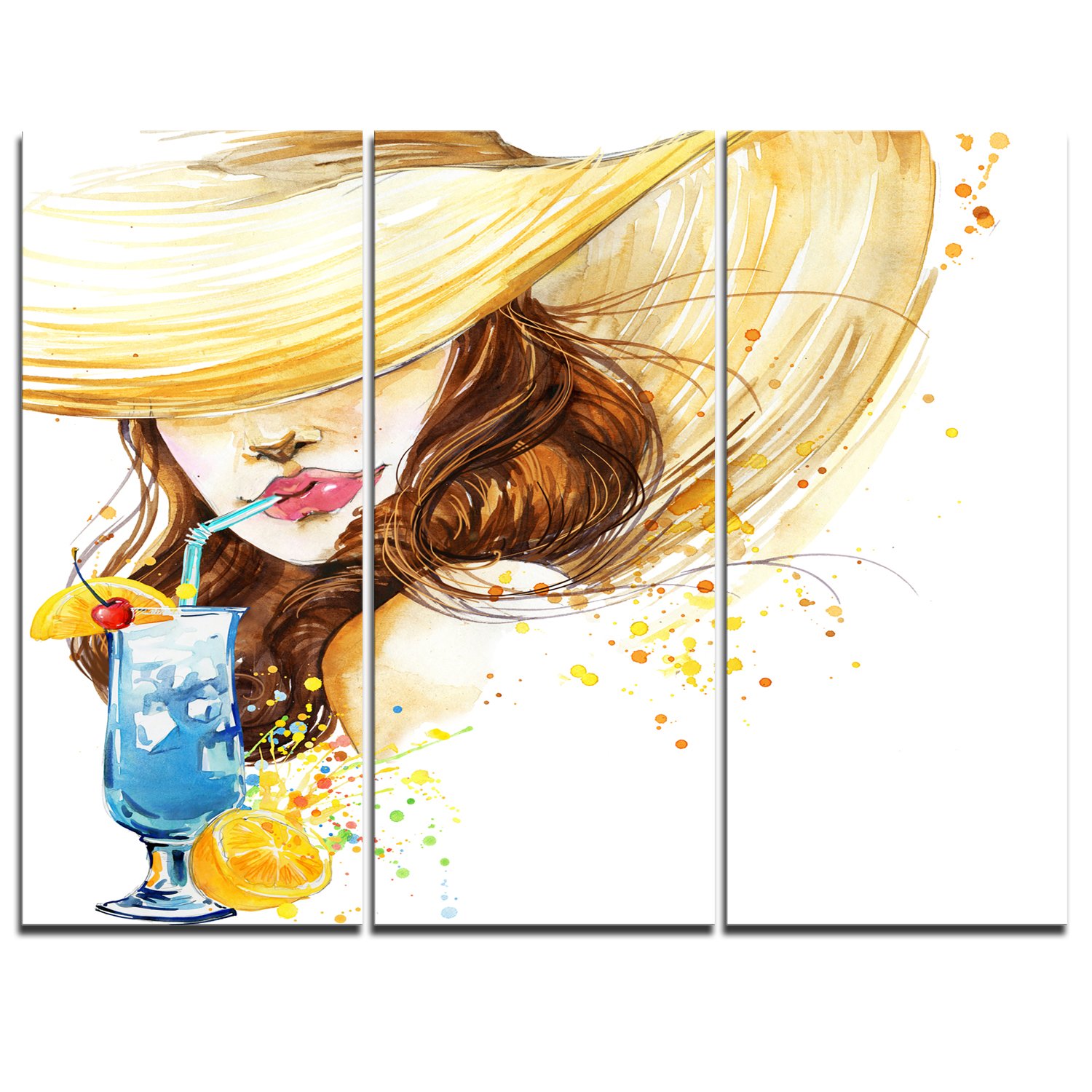 Designart Abstract Metal Wall Art - Woman with Fruit Cocktail Painting - 3 Panel Modern Home Decor (28x36 Inches) for Living Room, Bedroom & Office