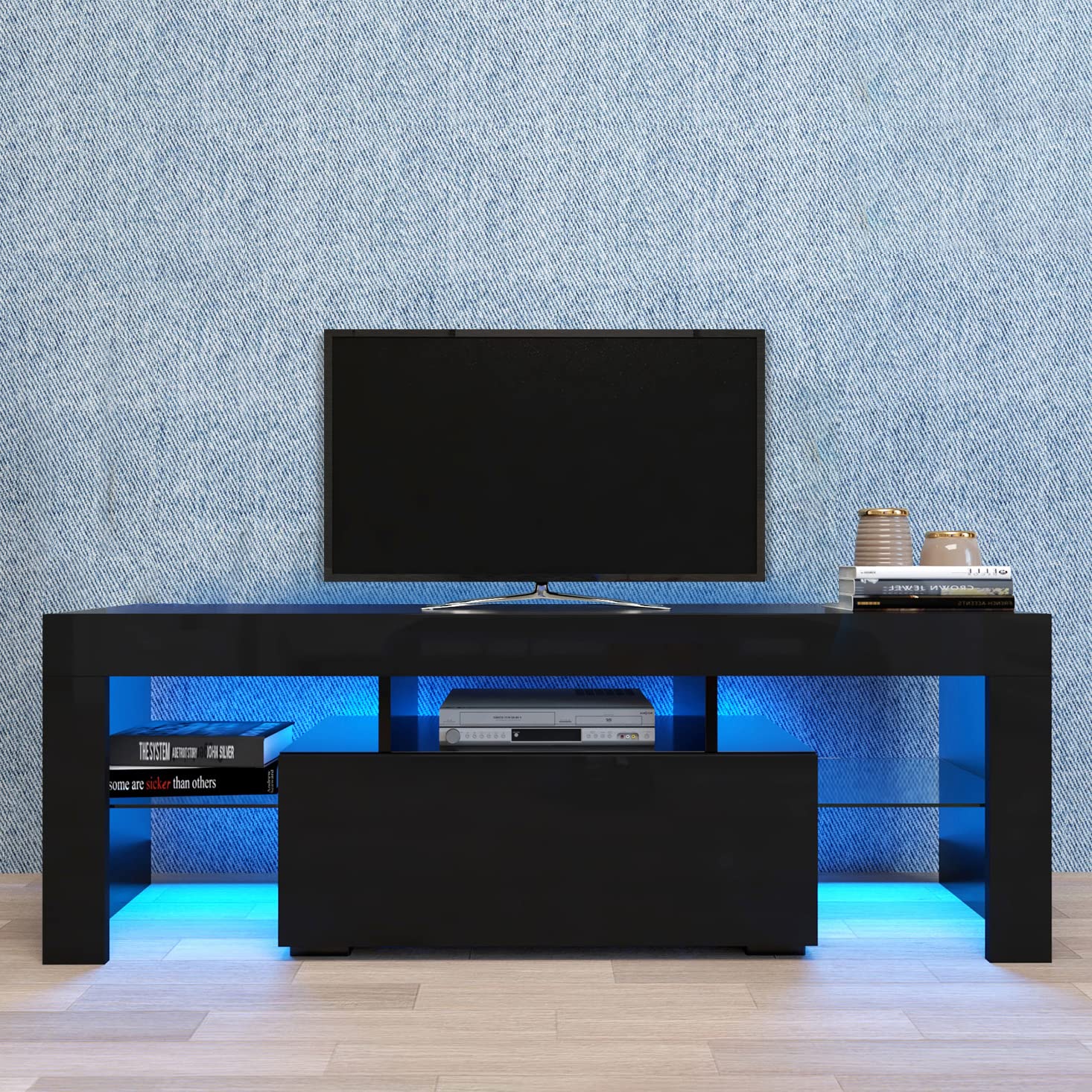 Modern Black TV Stand with LED Lights & Storage for 40-55 Inch TVs - Gaming Entertainment Center & Media Console for Living Room, Bedroom & Home Theater