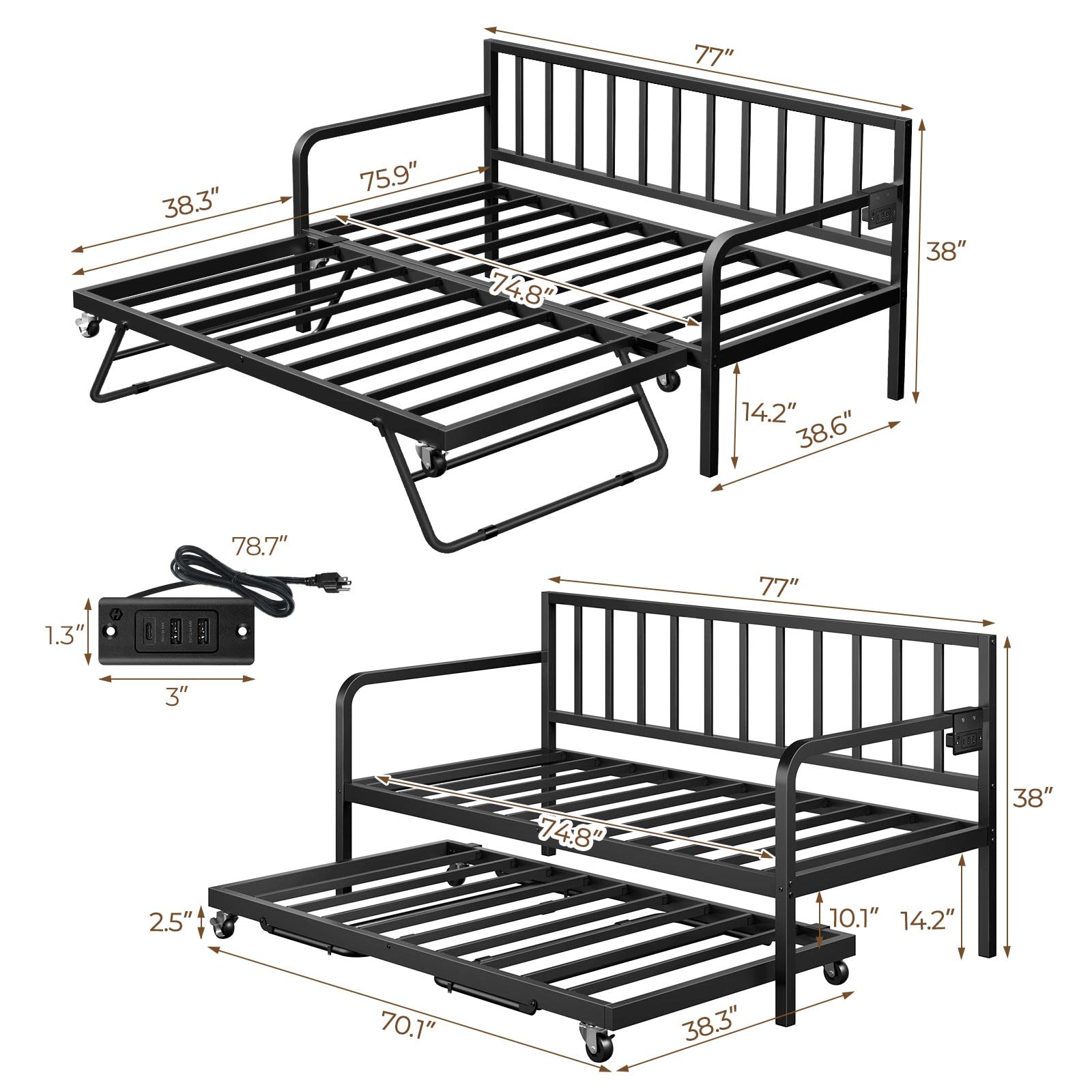 Rolanstar Adjustable Height Twin Daybed with Trundle - Metal Sofa Bed Frame with Built-in USB Charging Station & LED Lights, Steel Slat Support - Perfect for Small Spaces, Living Room, Bedroom & Guest Room - Black