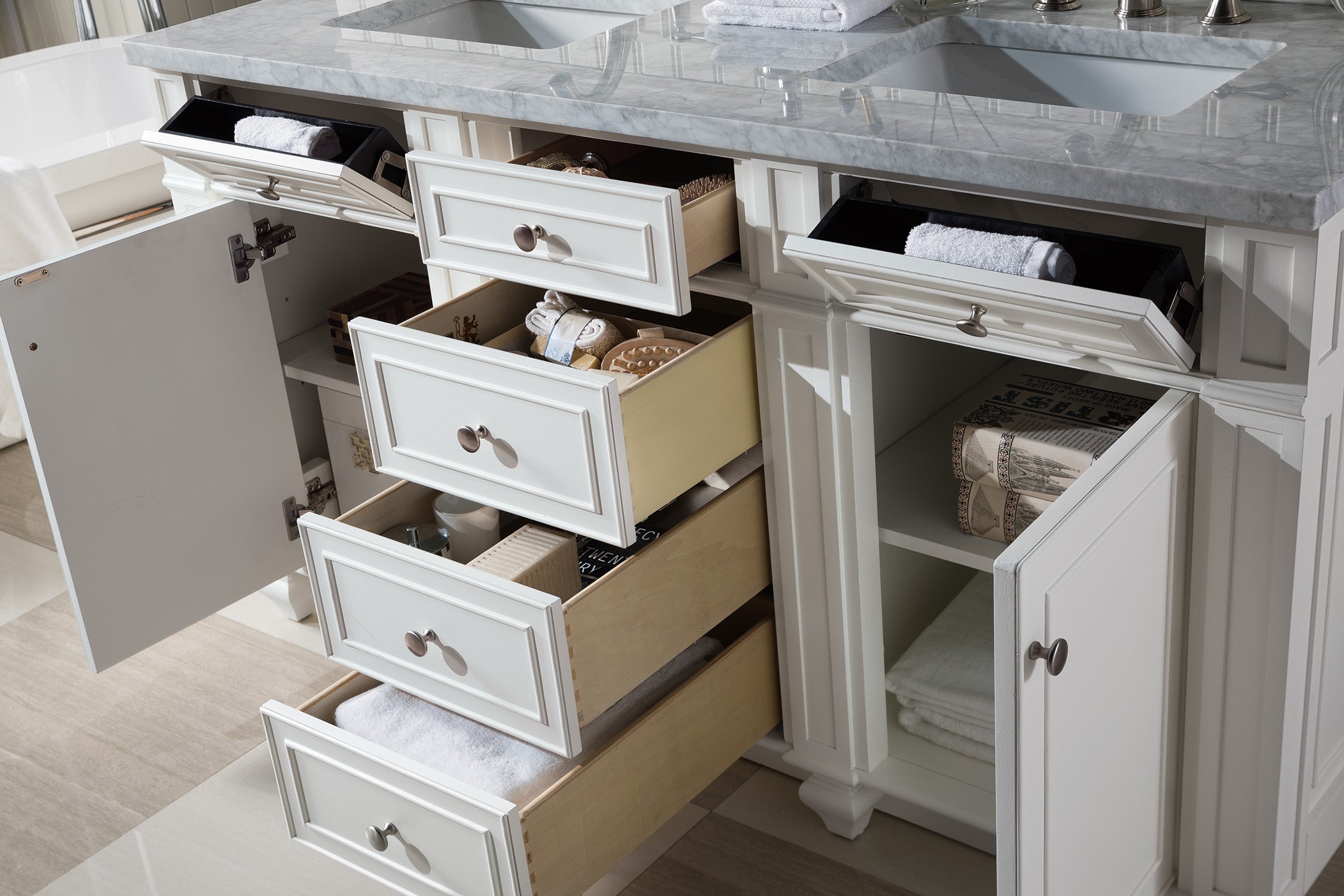 Bristol 60 Inch Double Bathroom Vanity Set with Carrara Marble Top - Bright White Finish for Modern Master Bathroom & Guest Bath Remodel