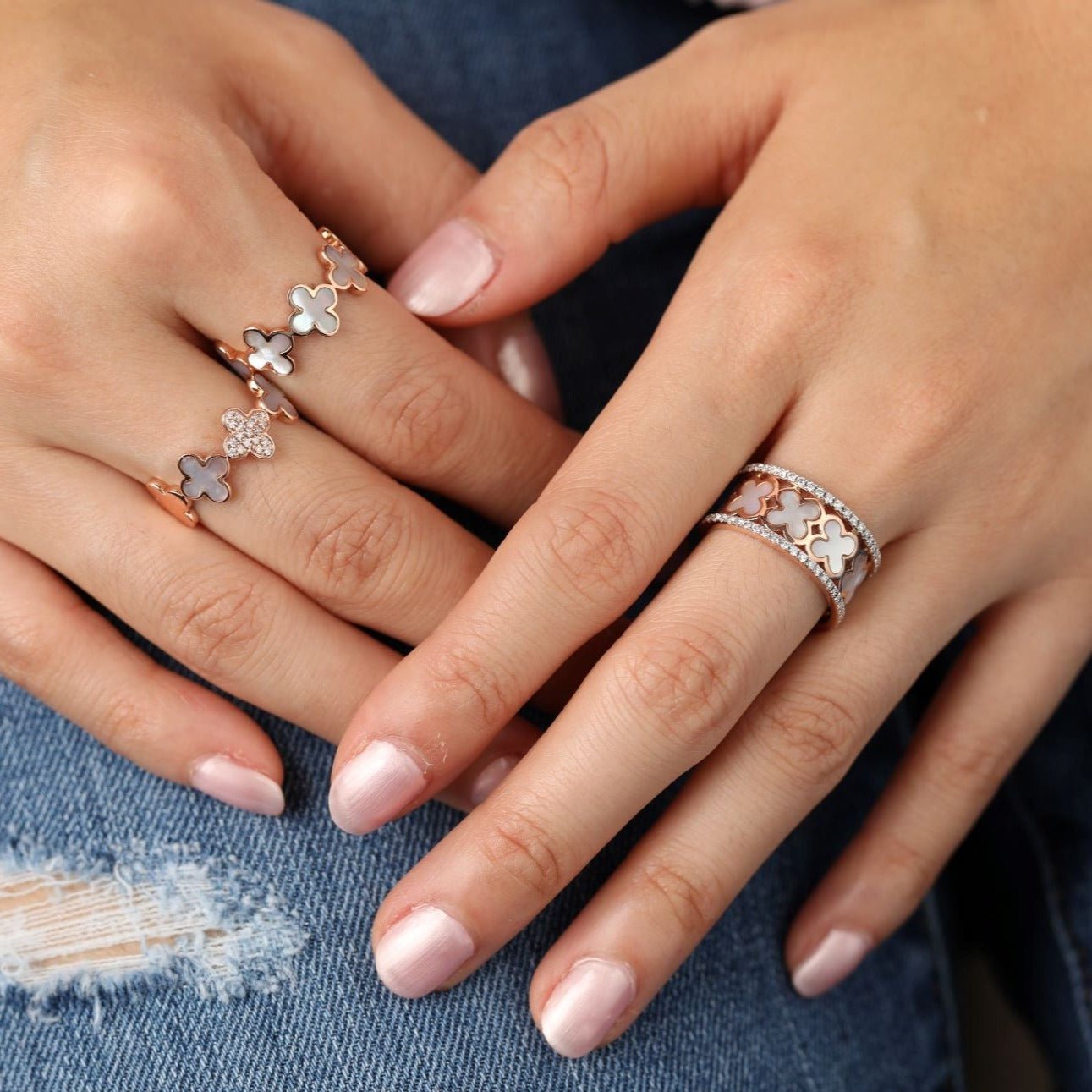 14k Rose Gold Mother of Pearl Clover Eternity Ring - Elegant Four Leaf Clover Jewelry for Women - Perfect for Anniversaries, Weddings & Special Occasions