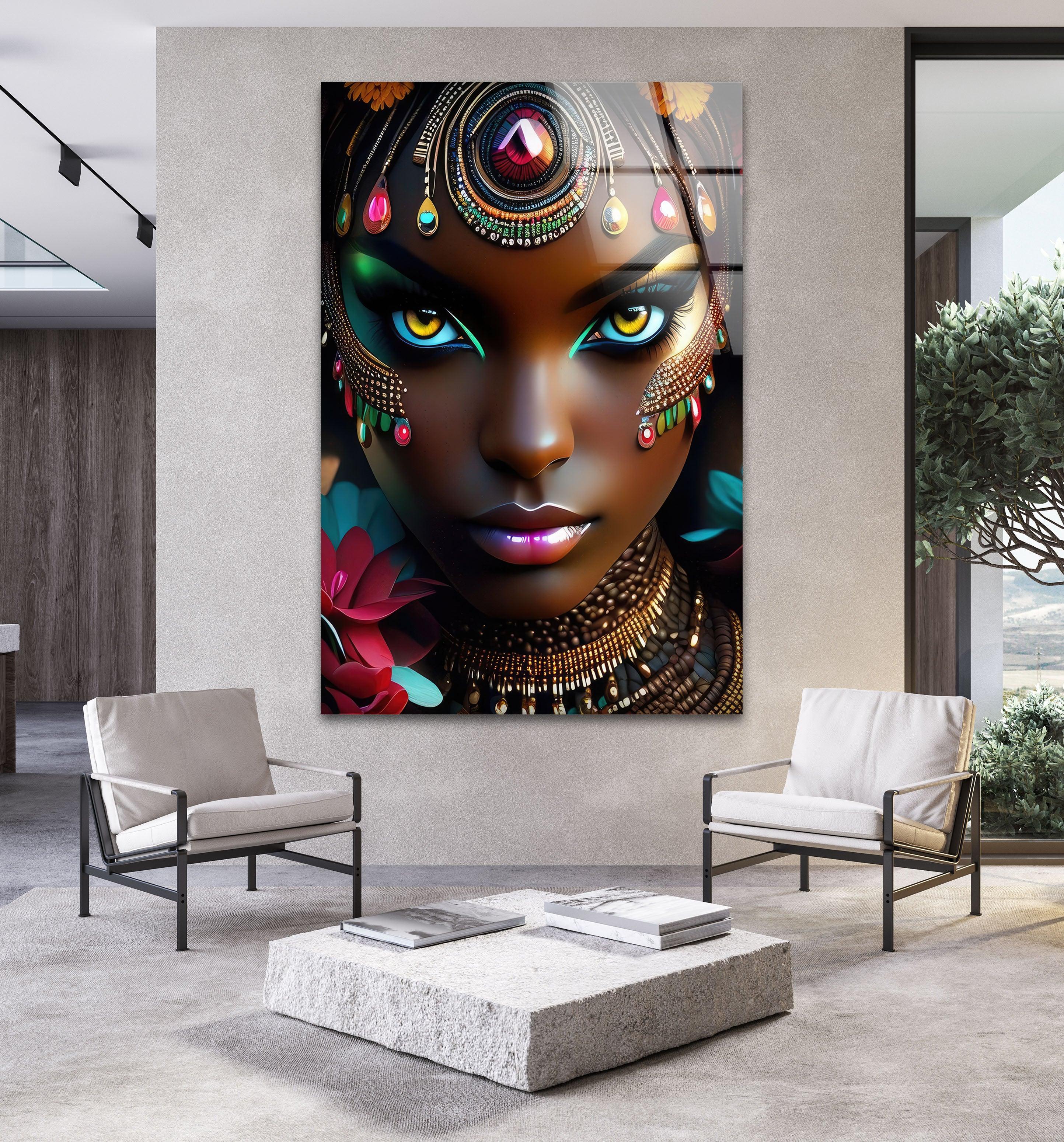 Vibrant African Woman Glass Wall Art - Handmade Modern Home Decor for Living Room, Bedroom & Office - Unique Gift Idea for Housewarming & Holidays