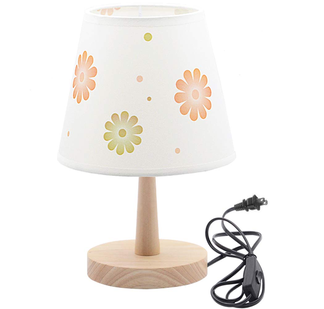 Kiven Small Wooden Bedside Table Lamp with Fabric Shade - Nightstand Light for Bedroom, Kids Room & Office Desk (Sunflower Design) - Perfect for Reading, Studying & Creating Cozy Ambiance