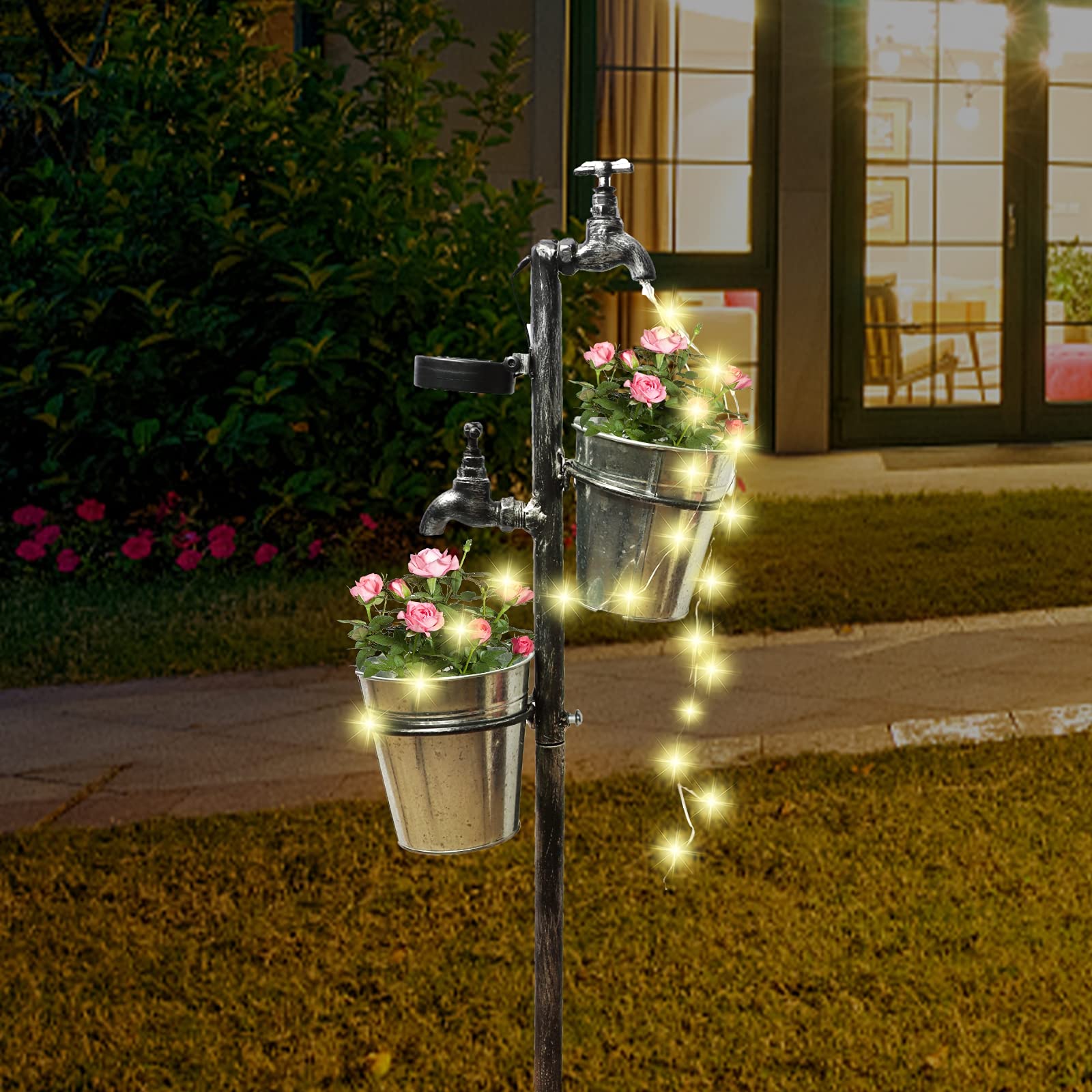 MorTime Solar-Powered LED Garden Faucet Stake with 2 Planters - Retro Metal Watering Can Yard Decor for Lawn, Patio & Outdoor Spaces | Perfect for Flower Beds, Pathways & Garden Lighting