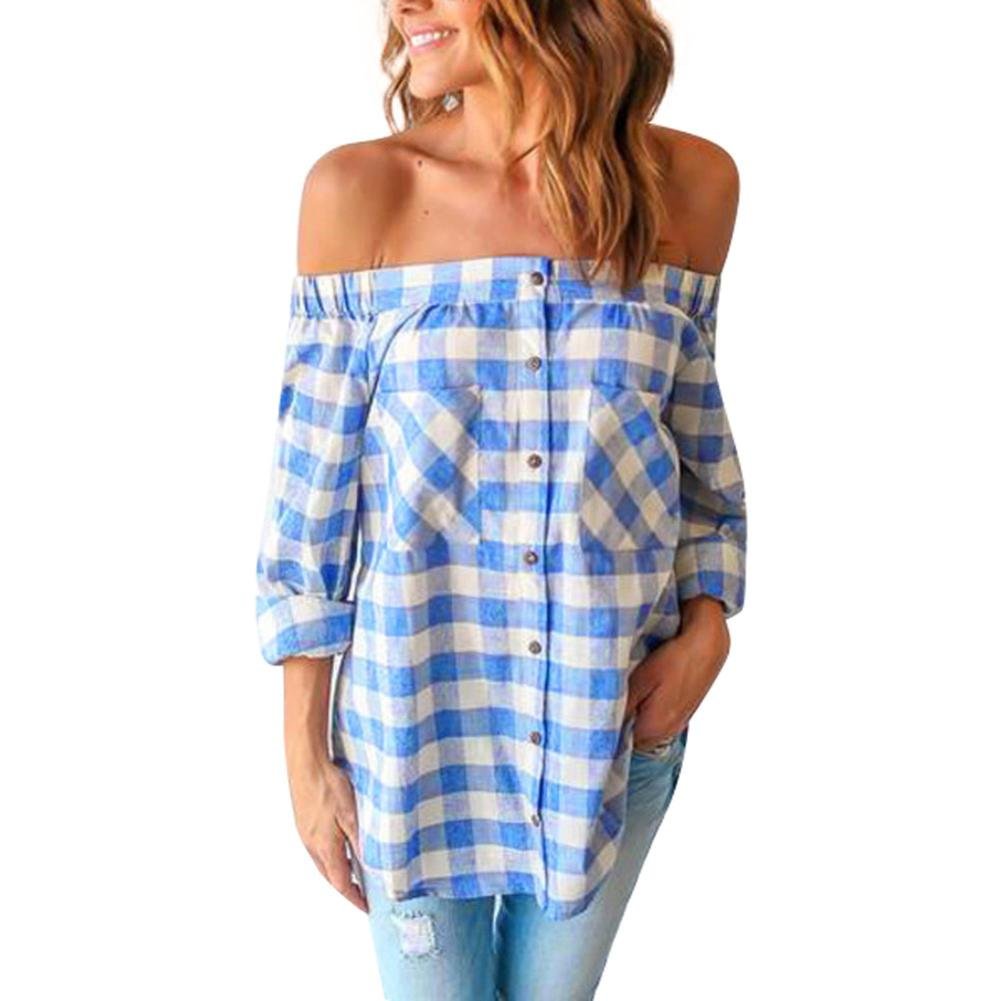 Off Shoulder Blouse Women's Fashion - Long Sleeve Plaid Check Shirt Loose Top for Casual Wear | Clearance Sale | Perfect for Office, Dating & Weekend Outfits