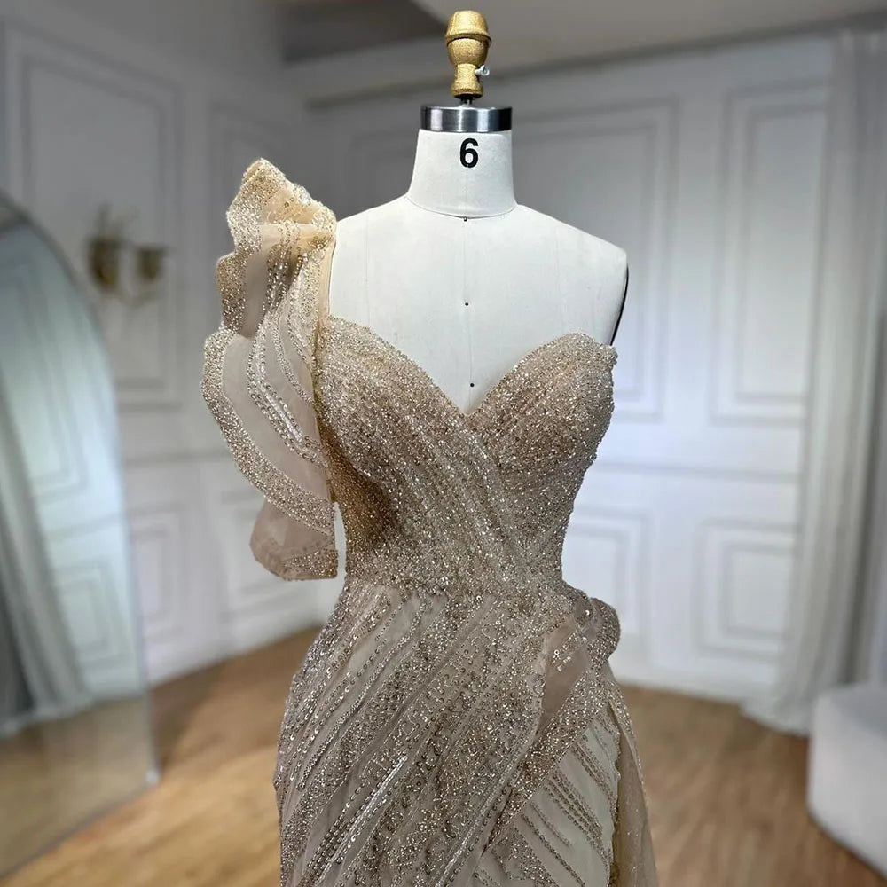 Elegant One Shoulder Nude Mermaid Evening Dress with Beaded Overskirt - Women's Formal Gown for Weddings, Prom & Special Occasions | Serene Hill LA72389