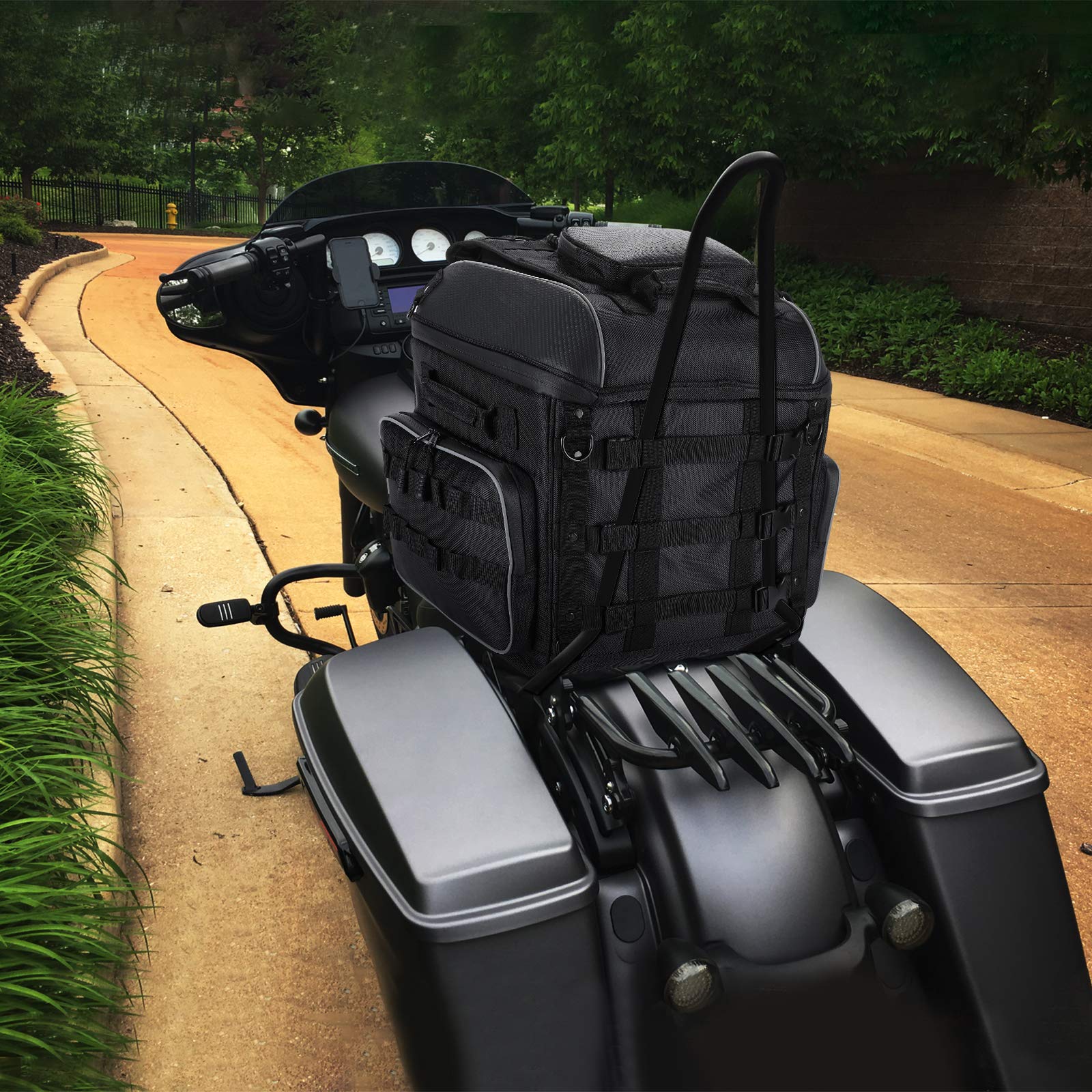 KEMIMOTO 40L Waterproof Motorcycle Sissy Bar Bag - Travel Luggage & Helmet Tail Bag for Harley Softail, Sportster, Dyna, Road King, Road Glide & Street Glide - Secure Sissy Bar Straps - Perfect for Long Rides & Road Trips