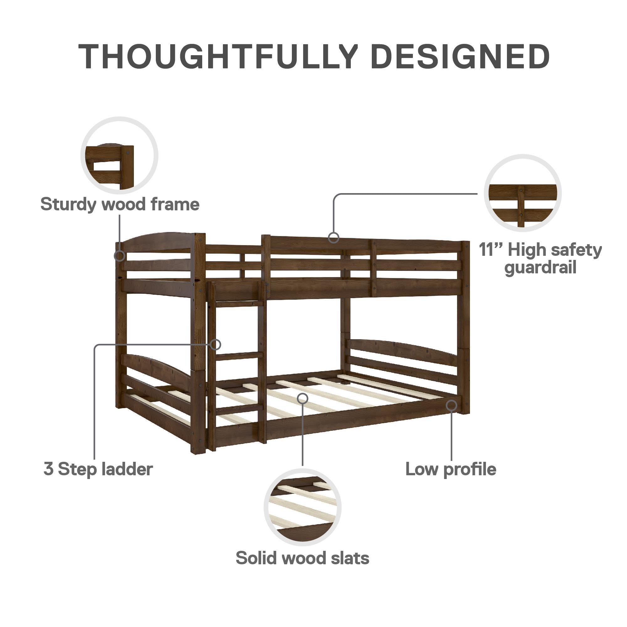 DHP Phoenix Convertible Low Wood Floor Bunk Bed - Full Over Full Stackable Kids Bed Frame with Ladder & High Guardrail | Solid Wood Construction, No Box Spring Needed | Perfect for Small Rooms, Guest Rooms & Kids' Shared Bedrooms