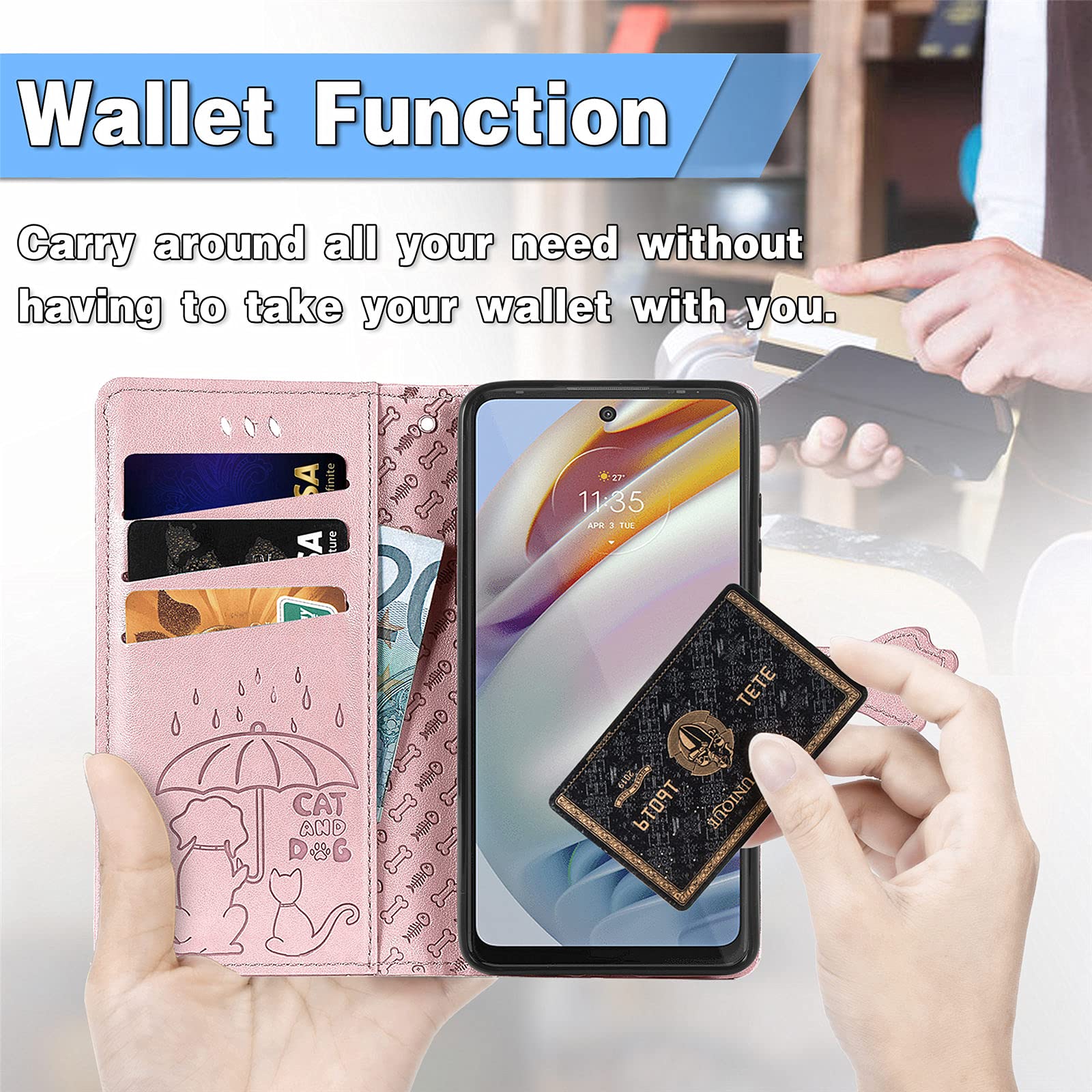 Cute Cartoon Wallet Case for Motorola Moto G60 - Cat & Dog Style Flip Phone Cover with ID Card Holder, PU Leather Protective Case (Rose Gold) - Perfect for Daily Use, Travel, and Work