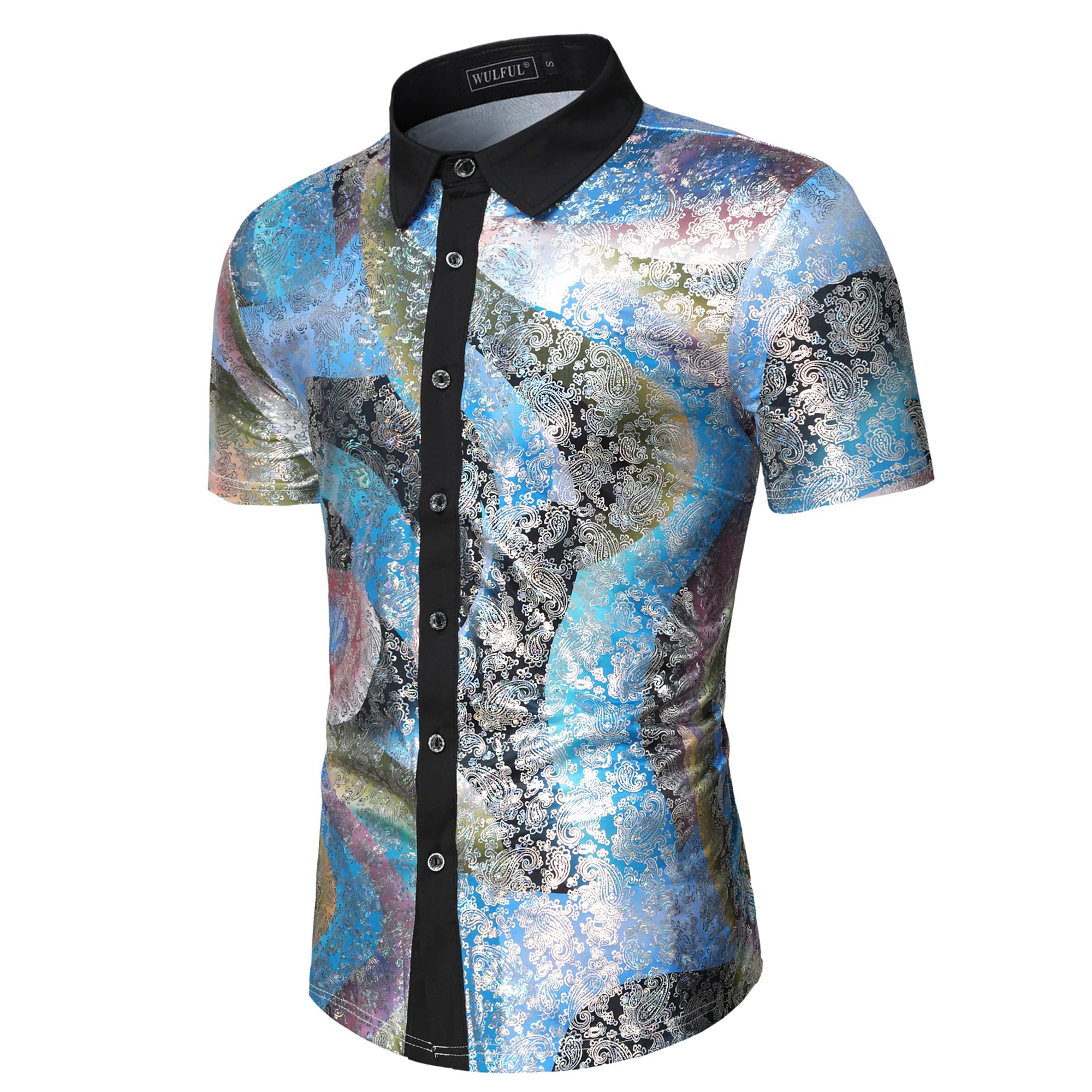 WULFUL Men's Disco Shirt with Sequins - 70s Retro Short Sleeve Button Down Shirt for Party, Costume & Nightclub Outfits | Perfect for Halloween, Themed Parties & Dance Events