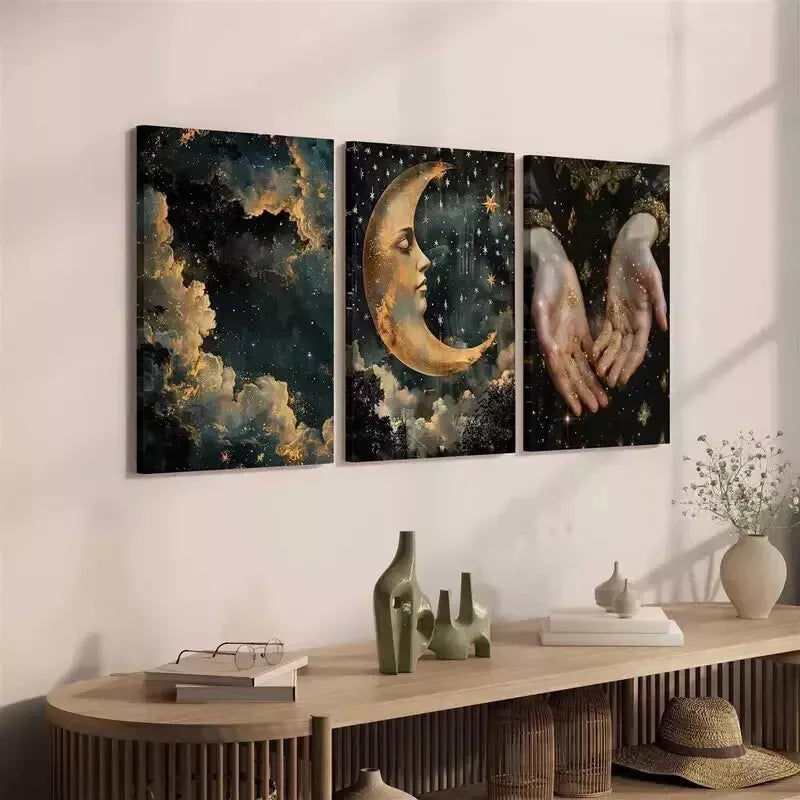 3-Piece Melancholic Celestial & Abstract Night Sky Wall Art Set - Framed Canvas 50x70cm (20x28in) | High Quality Print | 100% Australian Made | Ready to Hang | Perfect for Living Room, Bedroom & Office Decor