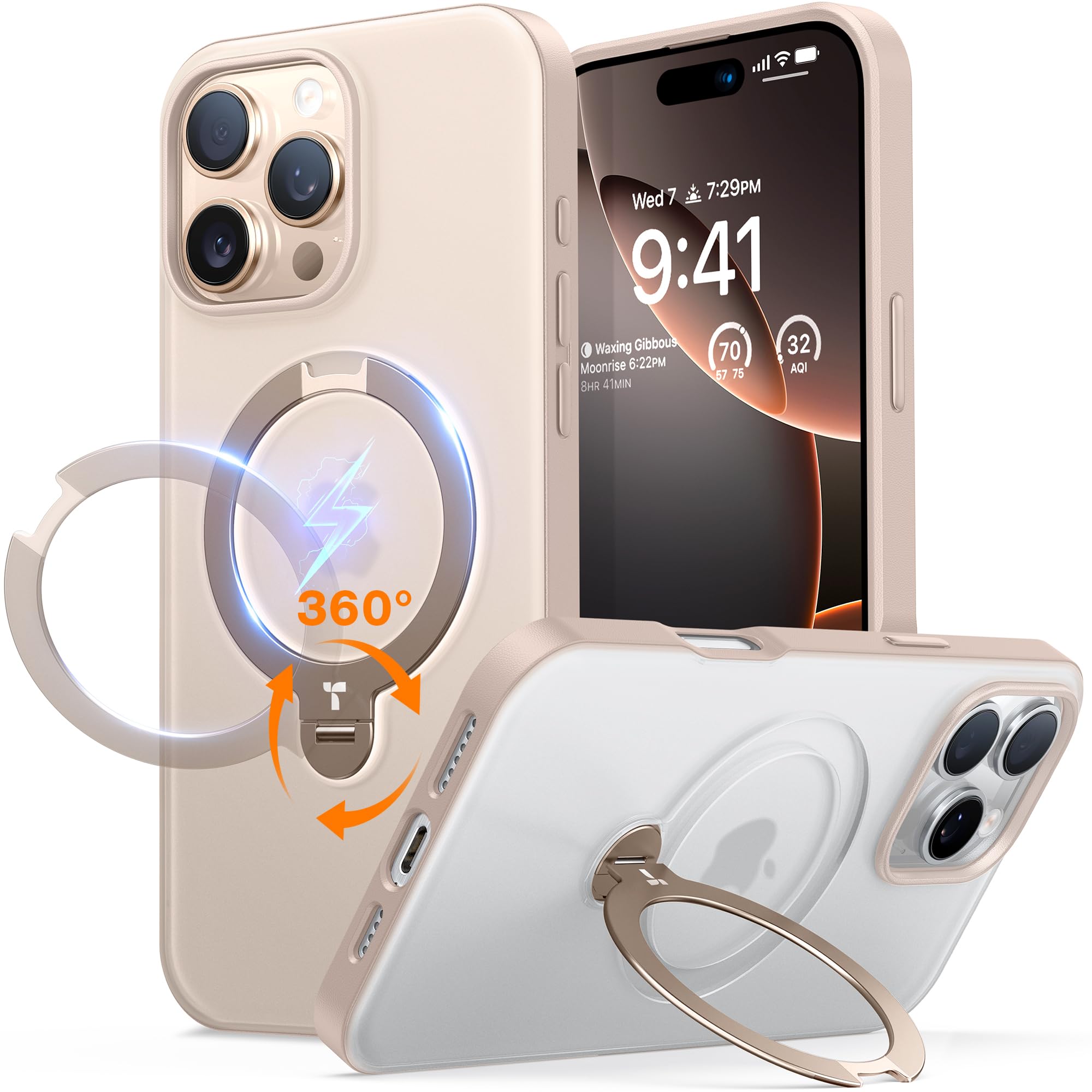 TORRAS 360° Rotating Magnetic Stand Case for iPhone 16 Pro Max | Military-Grade 12FT Drop Protection | Magsafe Compatible | Desert Titanium Color | Perfect for Work, Travel & Everyday Use (6.9 inch)