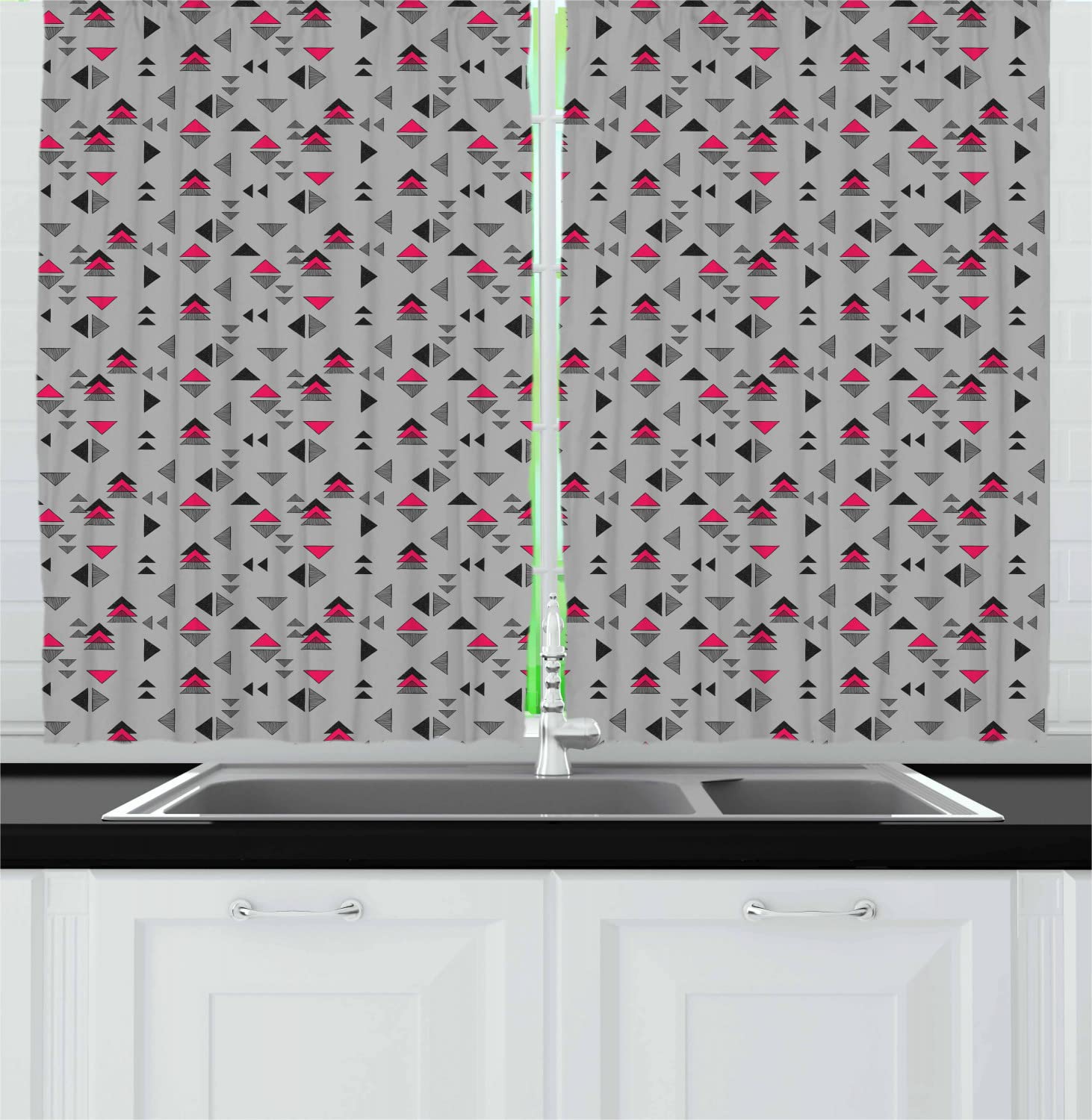 Ambesonne Abstract Triangle Long Kitchen Curtains - Hand Drawn Geometric Design in Pastel Colors (Pale Grey, Pink, Charcoal Grey) - 55
