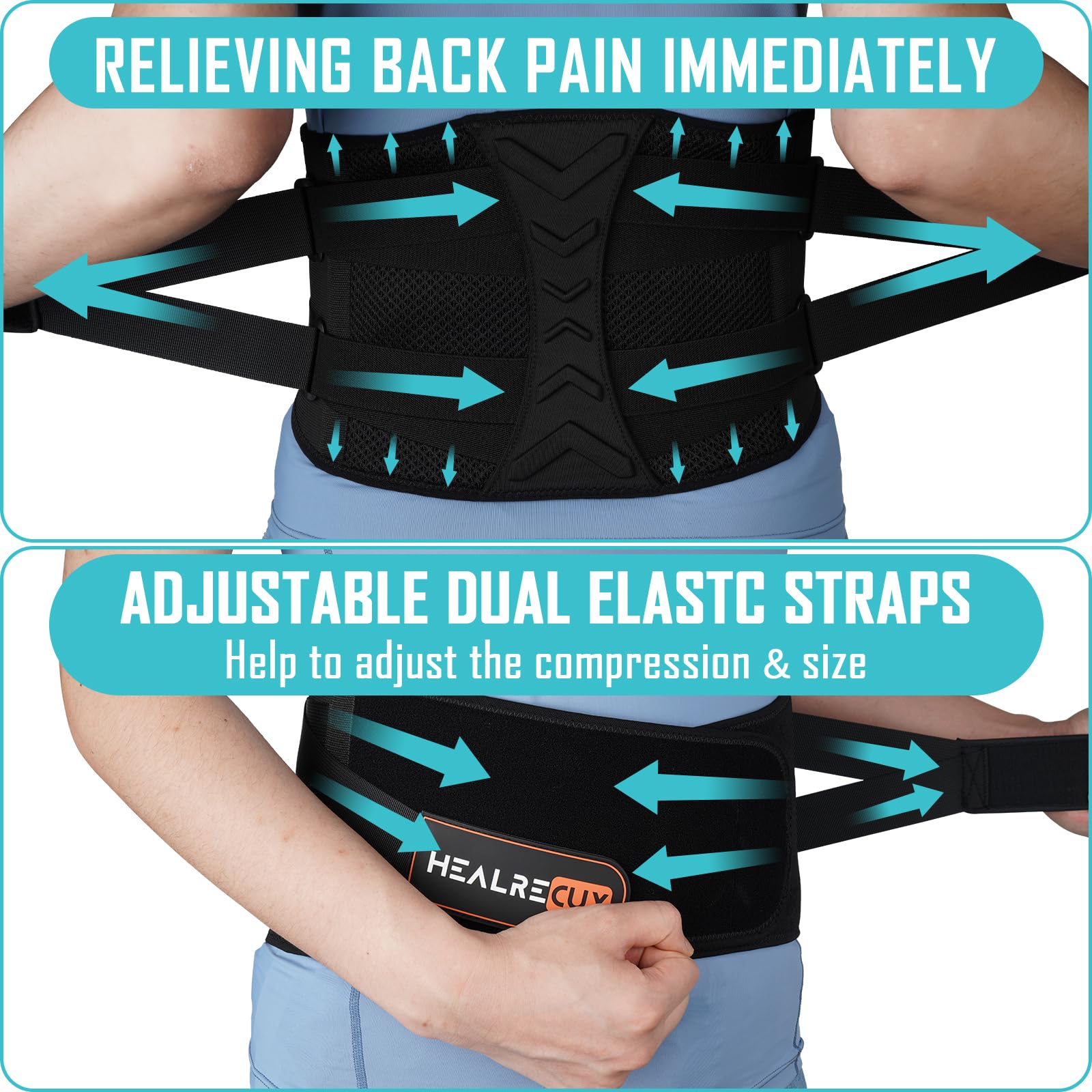 Premium Back Brace for Lower Back Pain Relief - Adjustable Lumbar Support Belt with 7 Stays for Men & Women - Sciatica, Herniated Disc & Scoliosis Support - Waist Size 53.1