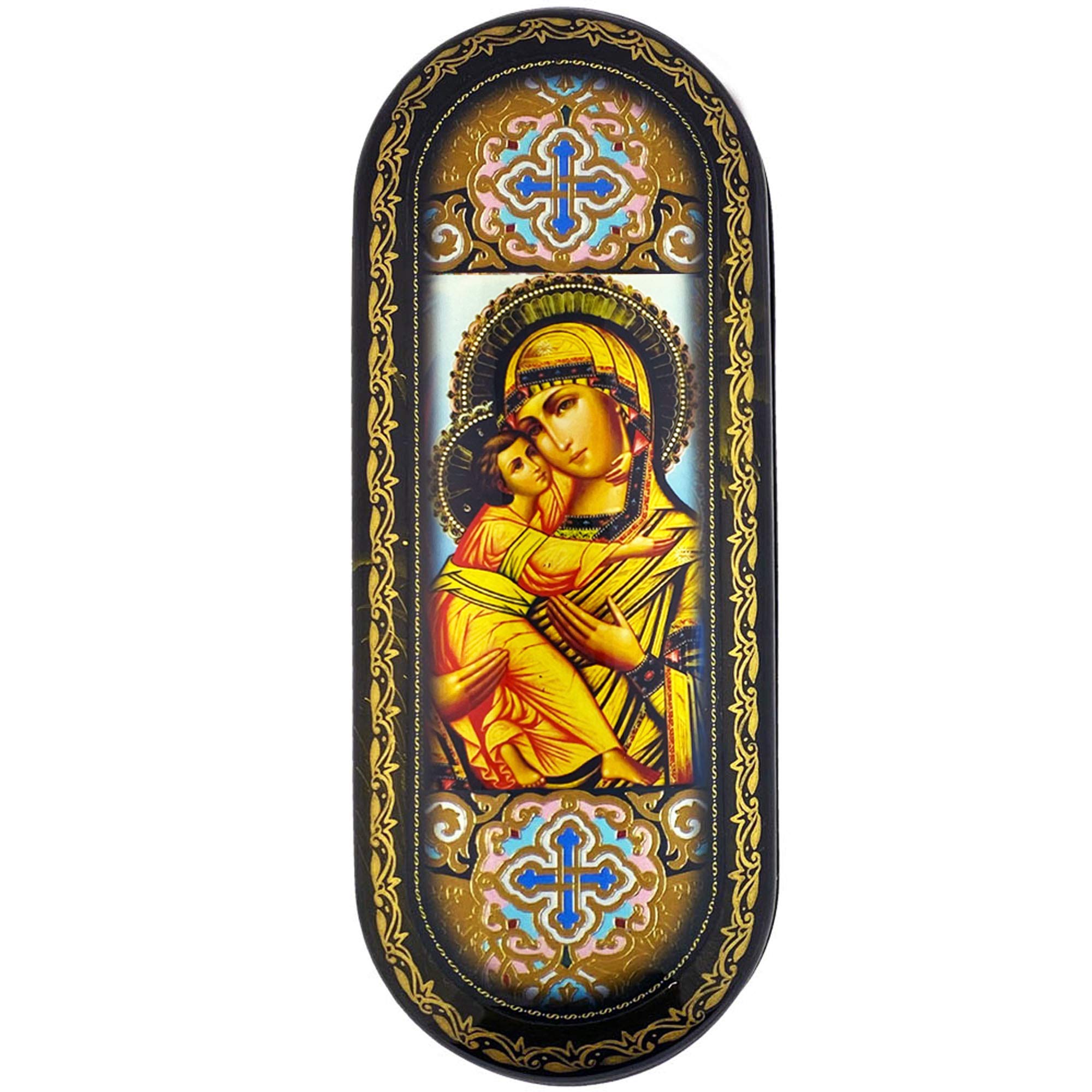 Needzo Virgin Mary Icon Hard Eyeglass Case - Russian Orthodox Vladimir Virgin Lacquered Box for Glasses Protection | Perfect for Travel, Church, and Home Storage