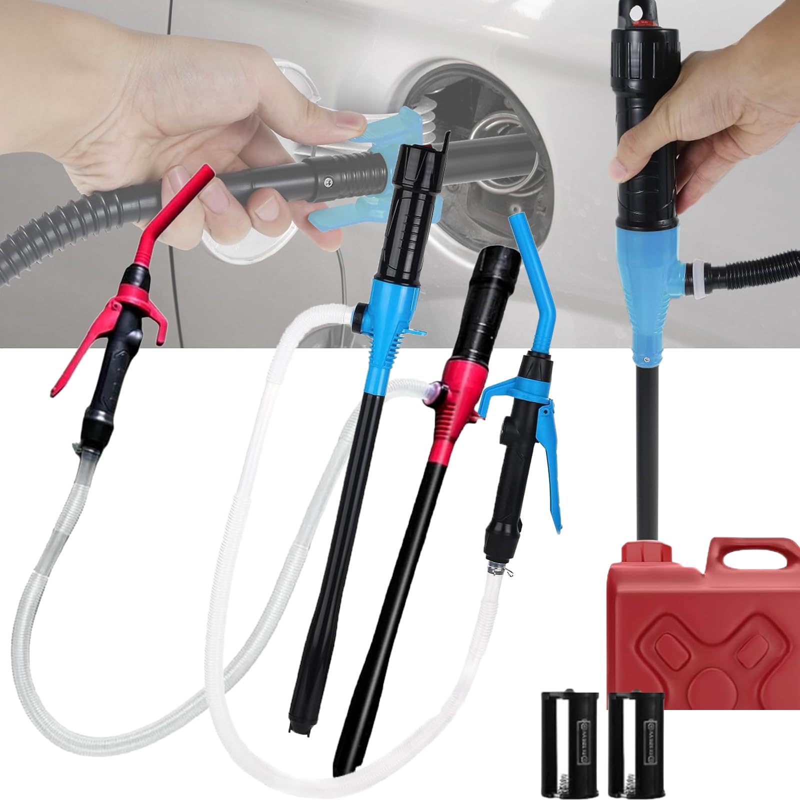 Portable Electric Hand Pump for Gas, Liquid Fuel & Water Transfer - Battery Powered Fuel Transfer Pump (Red/Blue) | Emergency Fuel Supply, RV Travel, Boat Refueling, Home Use, Camping & Outdoor Activities