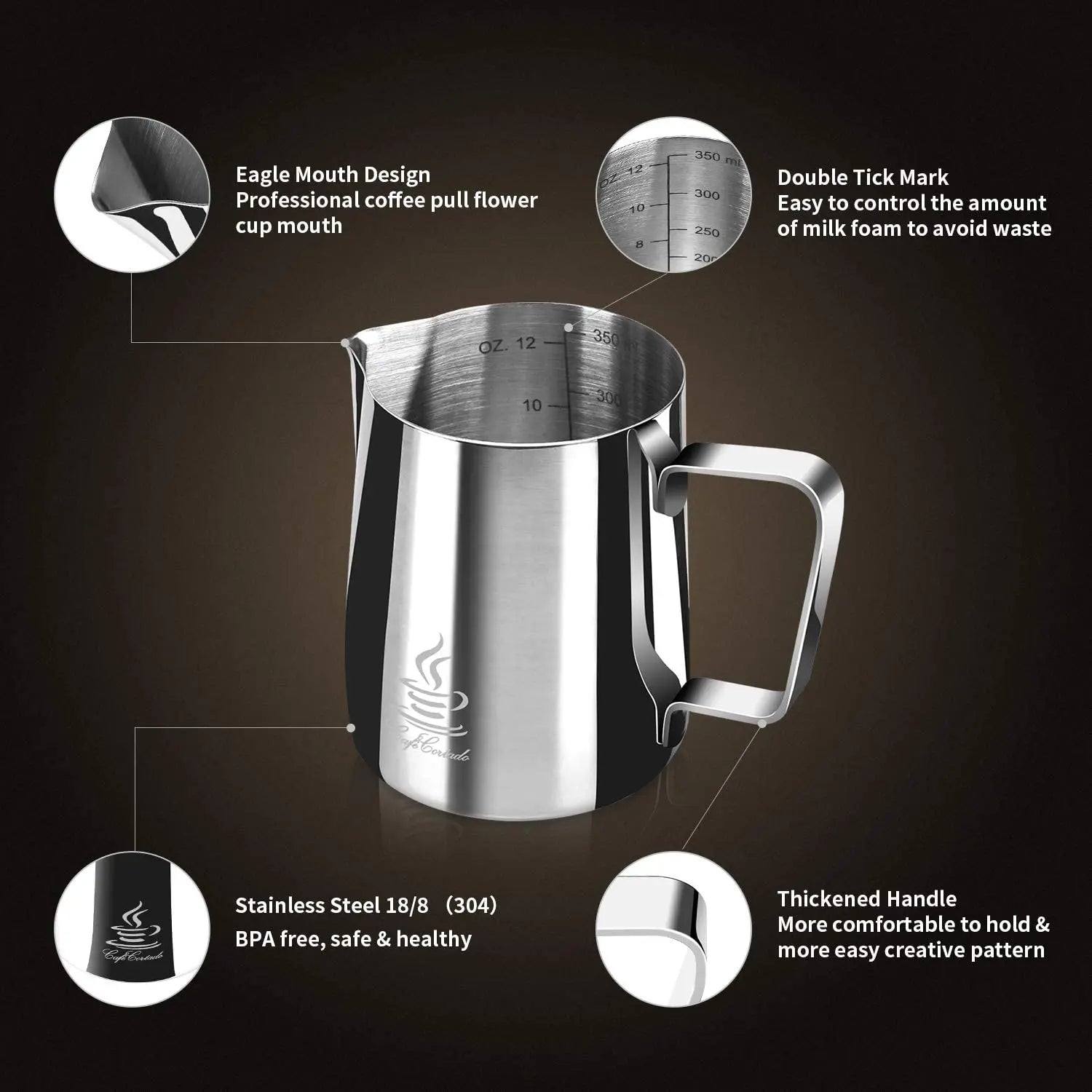 Premium Stainless Steel Milk Frothing Pitcher for Espresso & Latte Art - Barista-Grade 12oz/16oz with Measurement Markings - Perfect for Home Coffee Makers & Professional Cafes