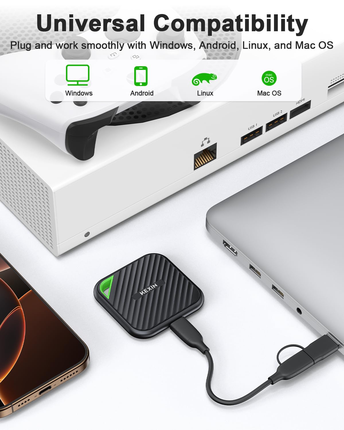 KEXIN 1TB Portable External SSD - USB C 3.2 Gen 2x2 Solid State Drive with 2000MB/s Speed - Compatible with PC, Mac, Laptop, PS5, Xbox - Perfect for Gaming, Video Editing & Data Storage