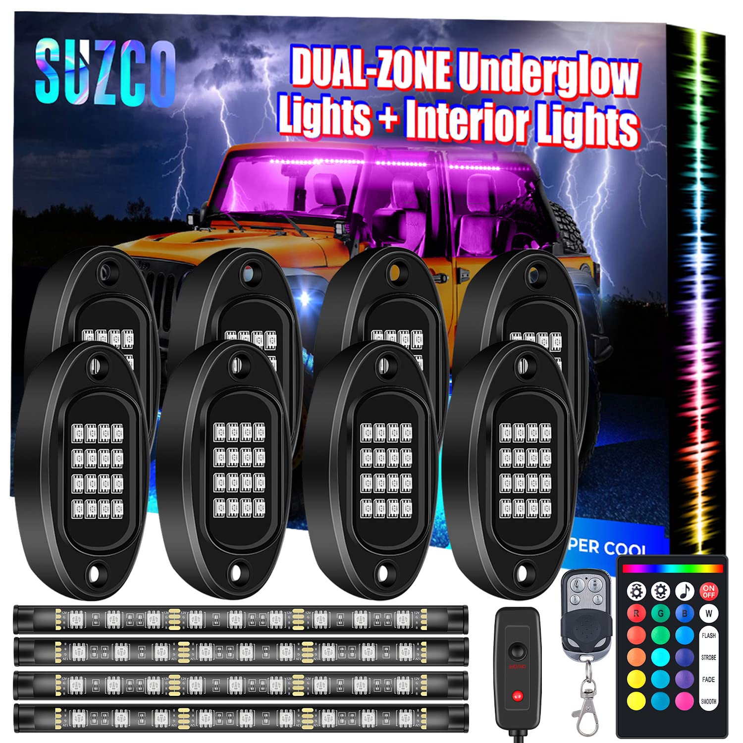 8Pods RGB LED Rock Underglow Underbody Wheel Light Kit with APP/RF/IR Control - Dual-Zone Interior Lighting, Music Sync, Waterproof 12V for Cars, Trucks, SUVs & ATVs - Perfect for Off-Roading, Car Shows & Night Cruising
