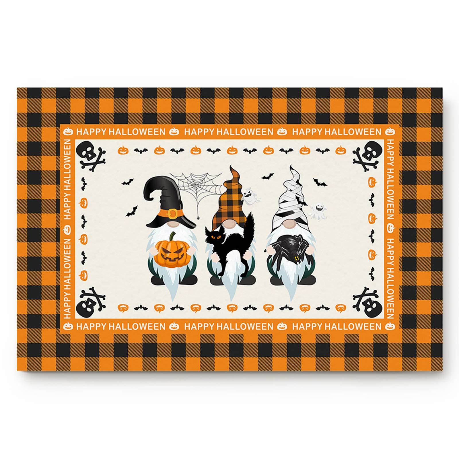 Halloween Doormat 18x30 Inches - Pumpkin Gnome Bat Design with Orange Black Plaid Pattern, Non-Slip Entryway Rug for Front Door, Apartment & Office Decor (Perfect for Fall Season & Spooky Home Decor)