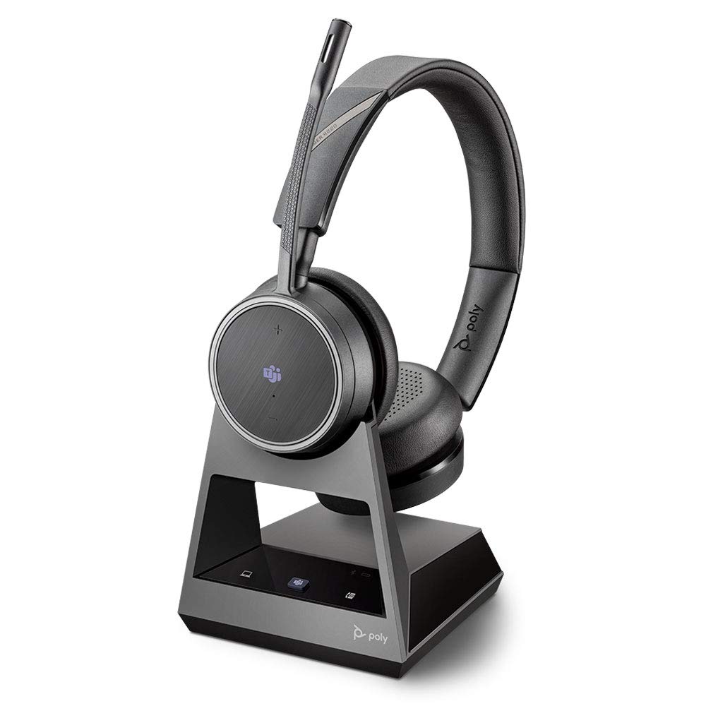 Plantronics Voyager 4220 Office Bluetooth Headset - Dual-Ear Stereo Headphones with Noise Cancelling - USB-A Two-Way Base for PC, Mac & Desk Phone - Certified for Microsoft Teams, Zoom & VoIP - Perfect for Remote Work, Call Centers & Office Communications