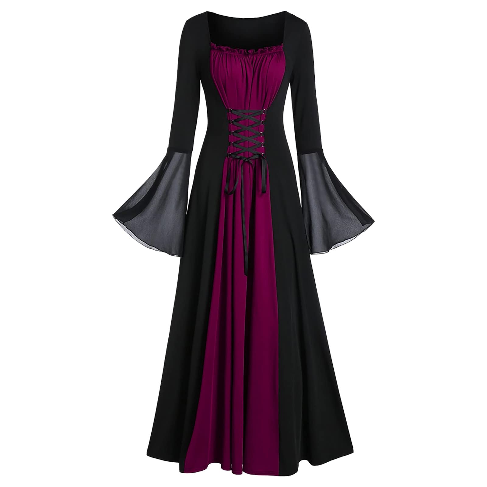 Halloween Long Gothic Dress for Women - Mesh Bell Sleeve Retro Maxi Dress with Square Neck | Perfect for Halloween Parties, Cosplay & Gothic Fashion Events